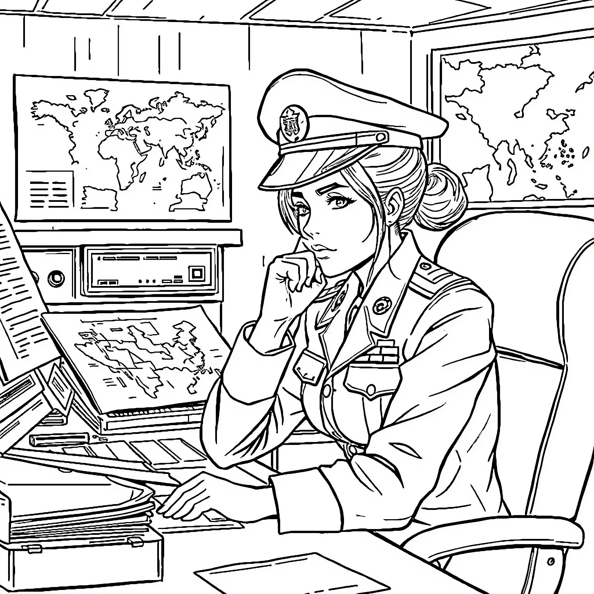 Lieutenant's Strategic Contemplation in the Command Center Coloring Page (free black-and-white line drawing printable PDF for all, from beginners to advanced learners, including children, teens, adults, and seniors)