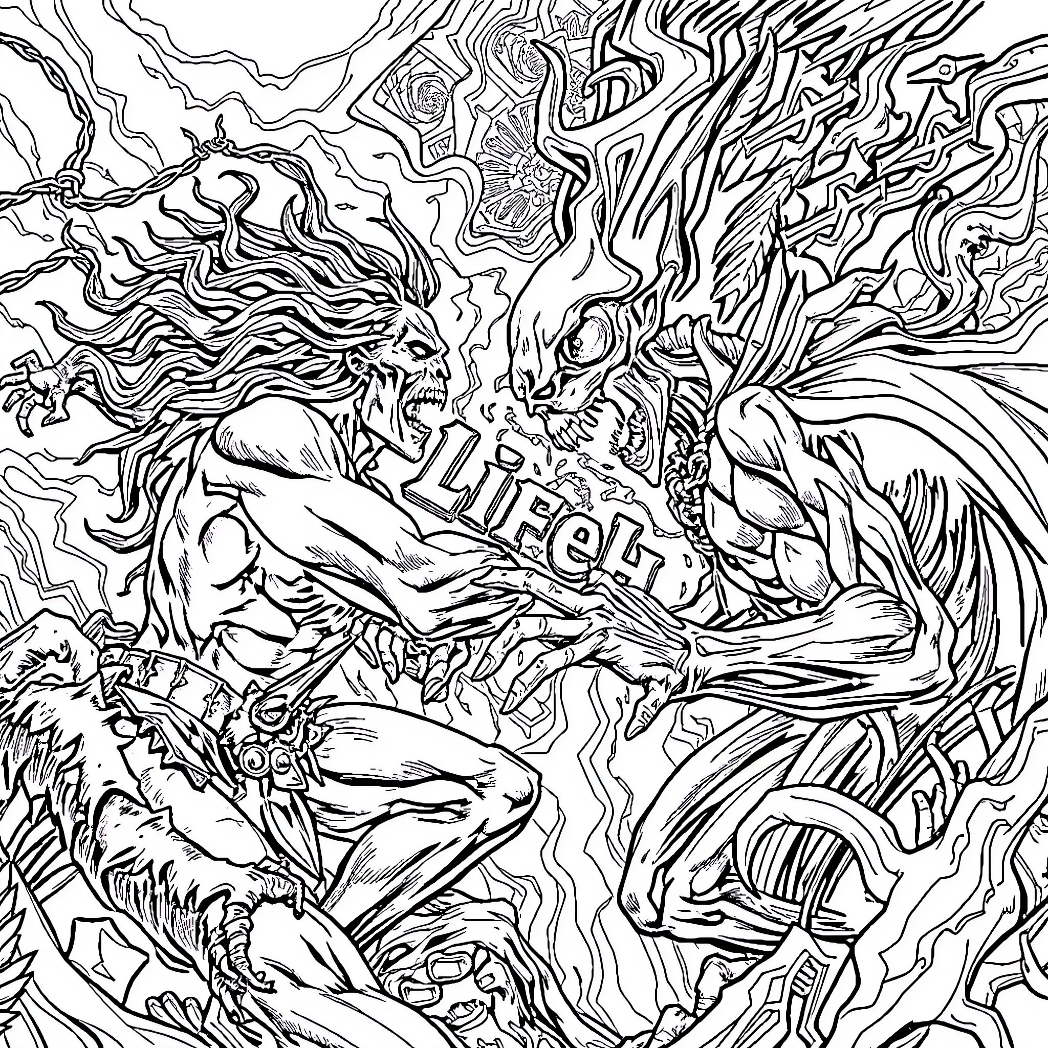 Life and Death: Conflict between Mythical Creatures Coloring Page (free black-and-white line drawing printable PDF for all, from beginners to advanced learners, including children, teens, adults, and seniors)