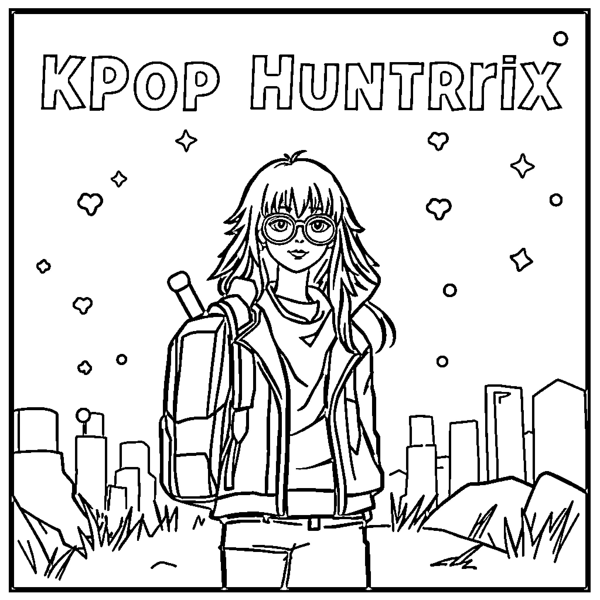 Kpop Cartoon Girl in the City Coloring Page (free black-and-white line drawing printable PDF for all, from beginners to advanced learners, including children, teens, adults, and seniors)