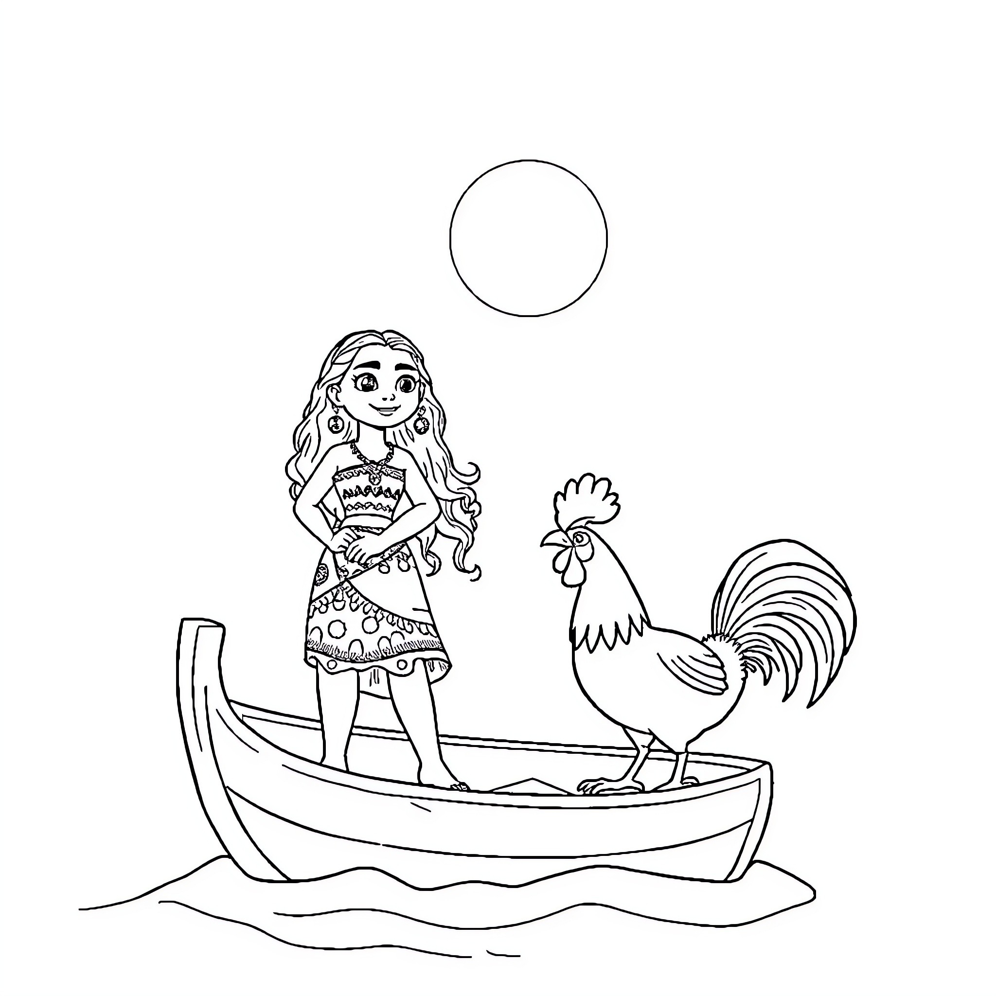 Moana exploring the ocean with a rooster Coloring Page (free black-and-white line drawing printable PDF for all, from beginners to advanced learners, including children, teens, adults, and seniors)