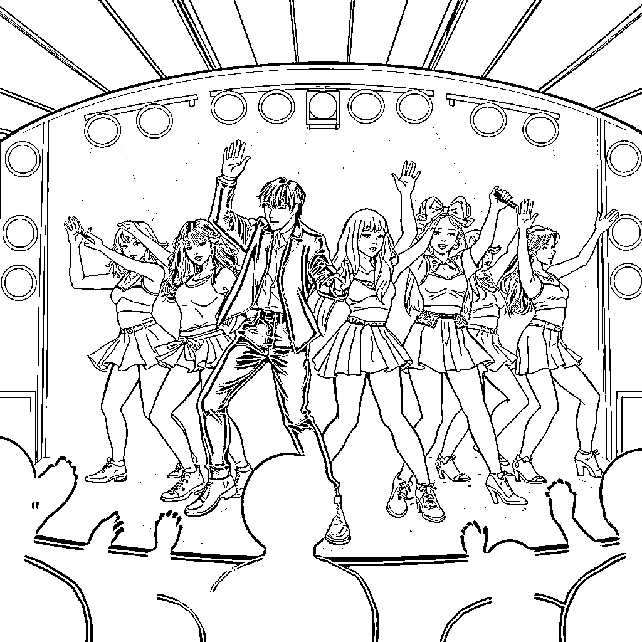 K Pop Dance Crew Performing on Stage Coloring Page (free black-and-white line drawing printable PDF for all, from beginners to advanced learners, including children, teens, adults, and seniors)