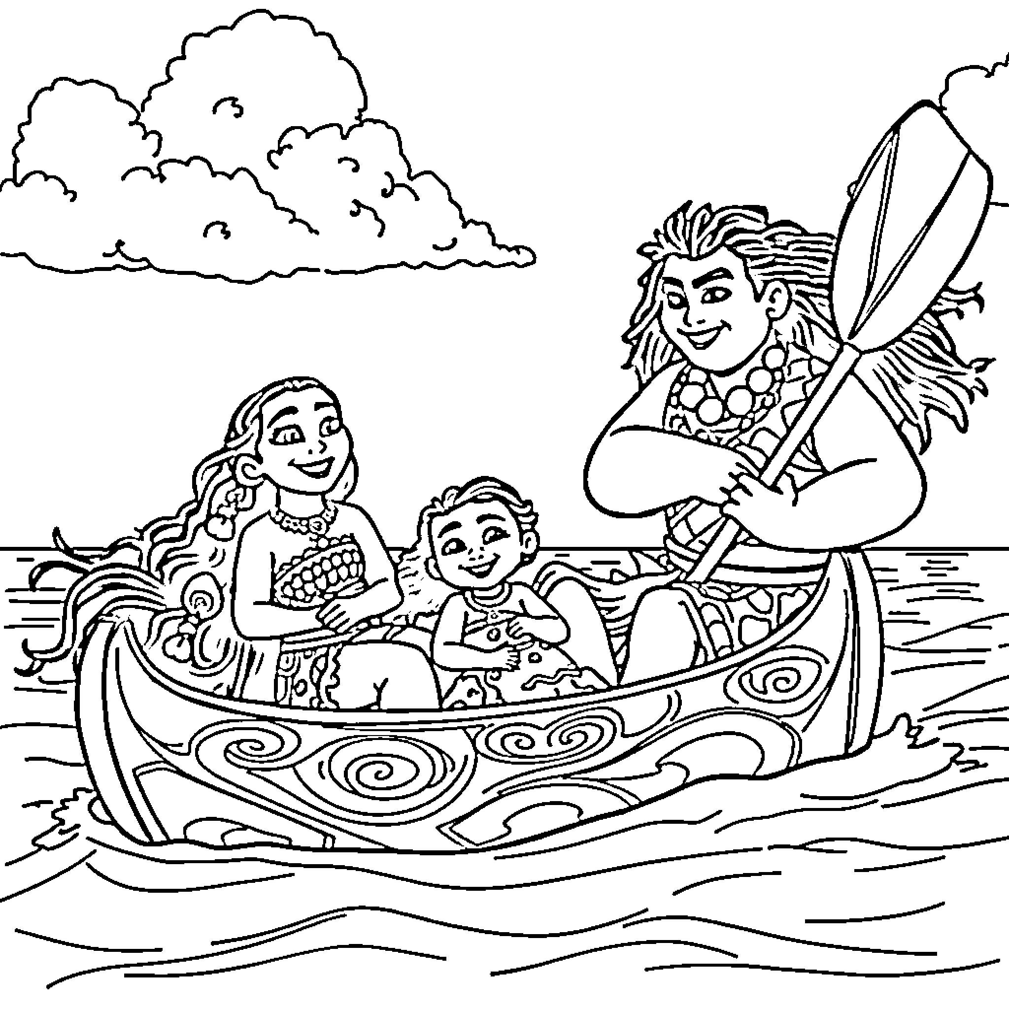 Moana and her family enjoying a boat ride Coloring Page (free black-and-white line drawing printable PDF for all, from beginners to advanced learners, including children, teens, adults, and seniors)