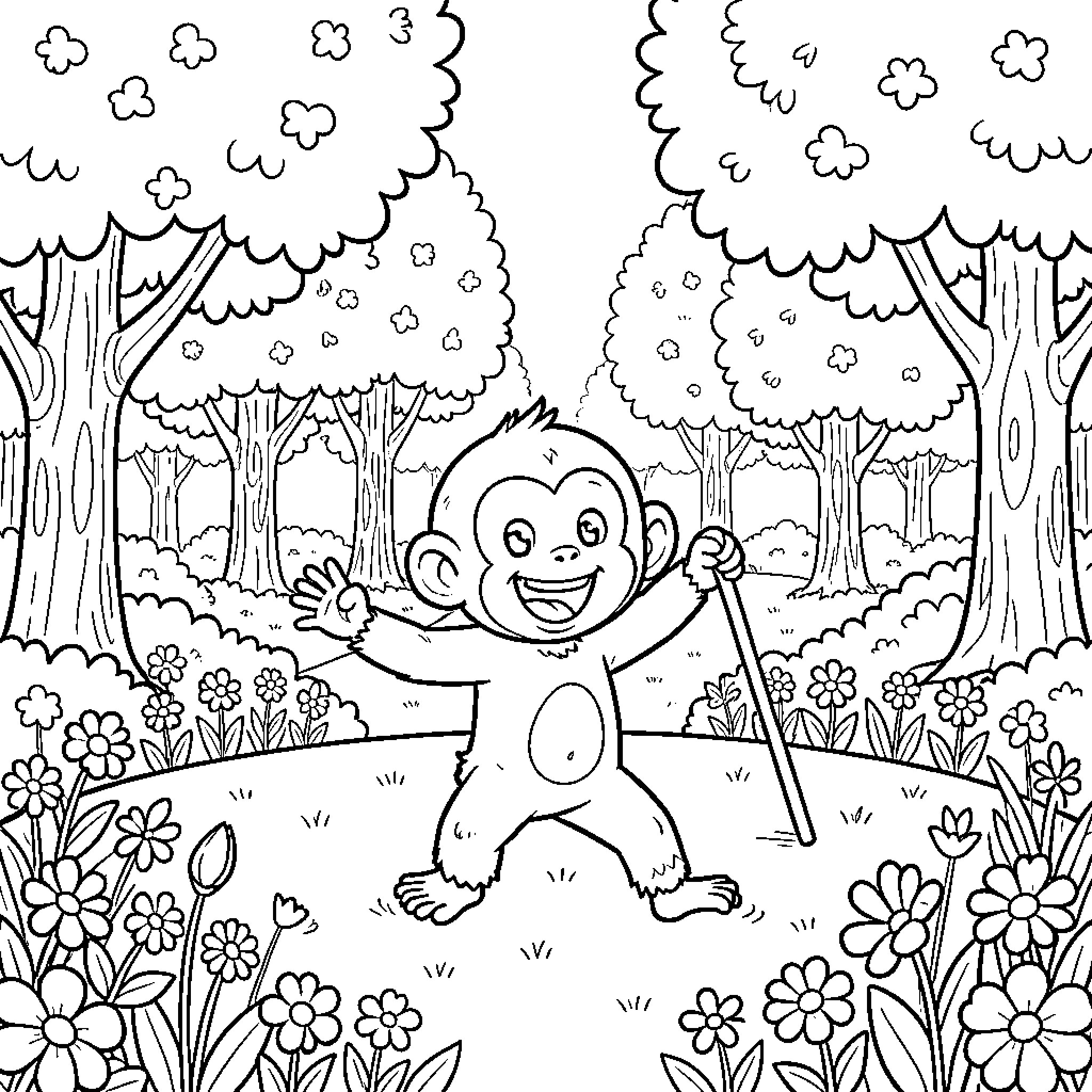 Curious Jorge explores the enchanted forest Coloring Page (free black-and-white line drawing printable PDF for all, from beginners to advanced learners, including children, teens, adults, and seniors)
