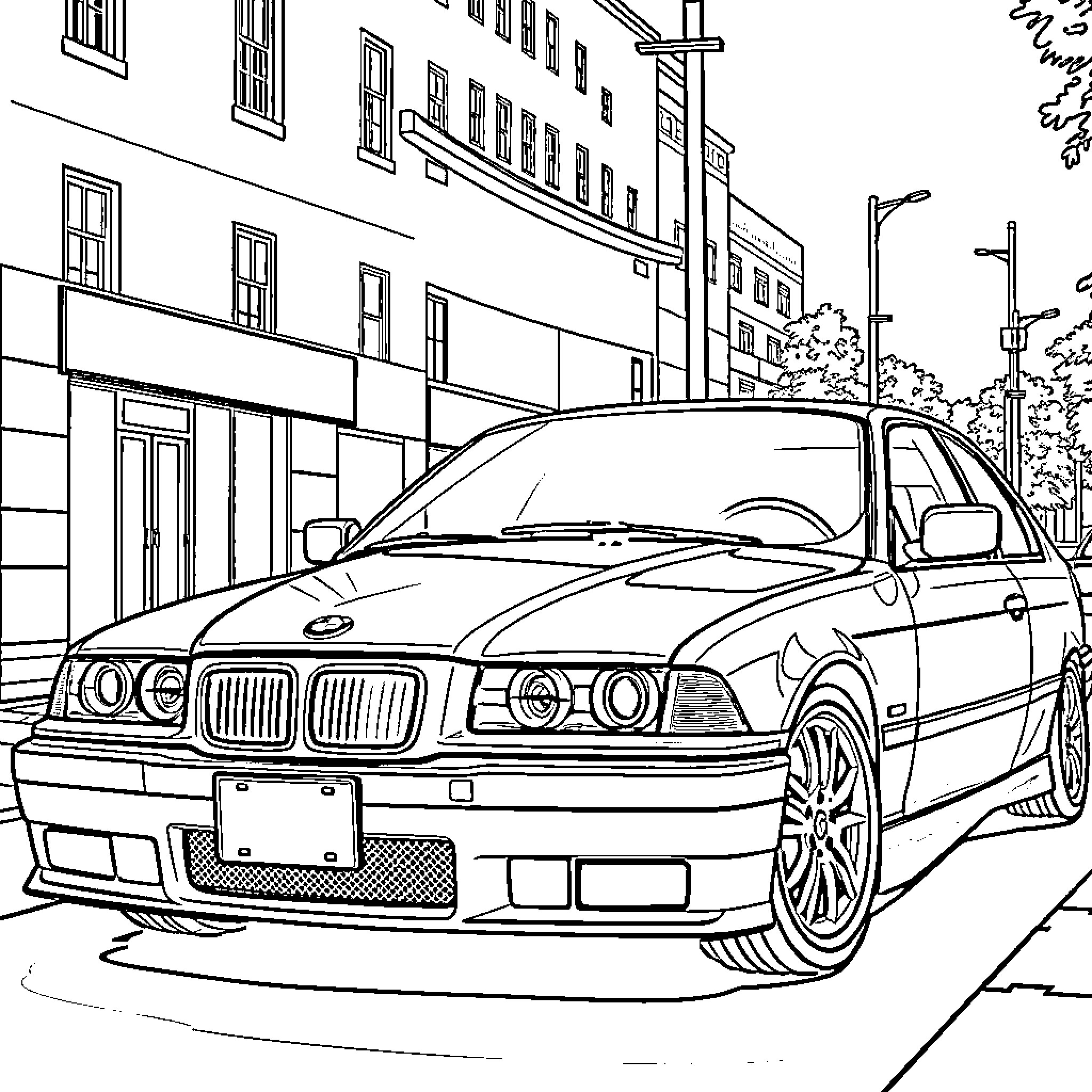 BMW E36 parked on urban street Coloring Page (free black-and-white line drawing printable PDF for all, from beginners to advanced learners, including children, teens, adults, and seniors)