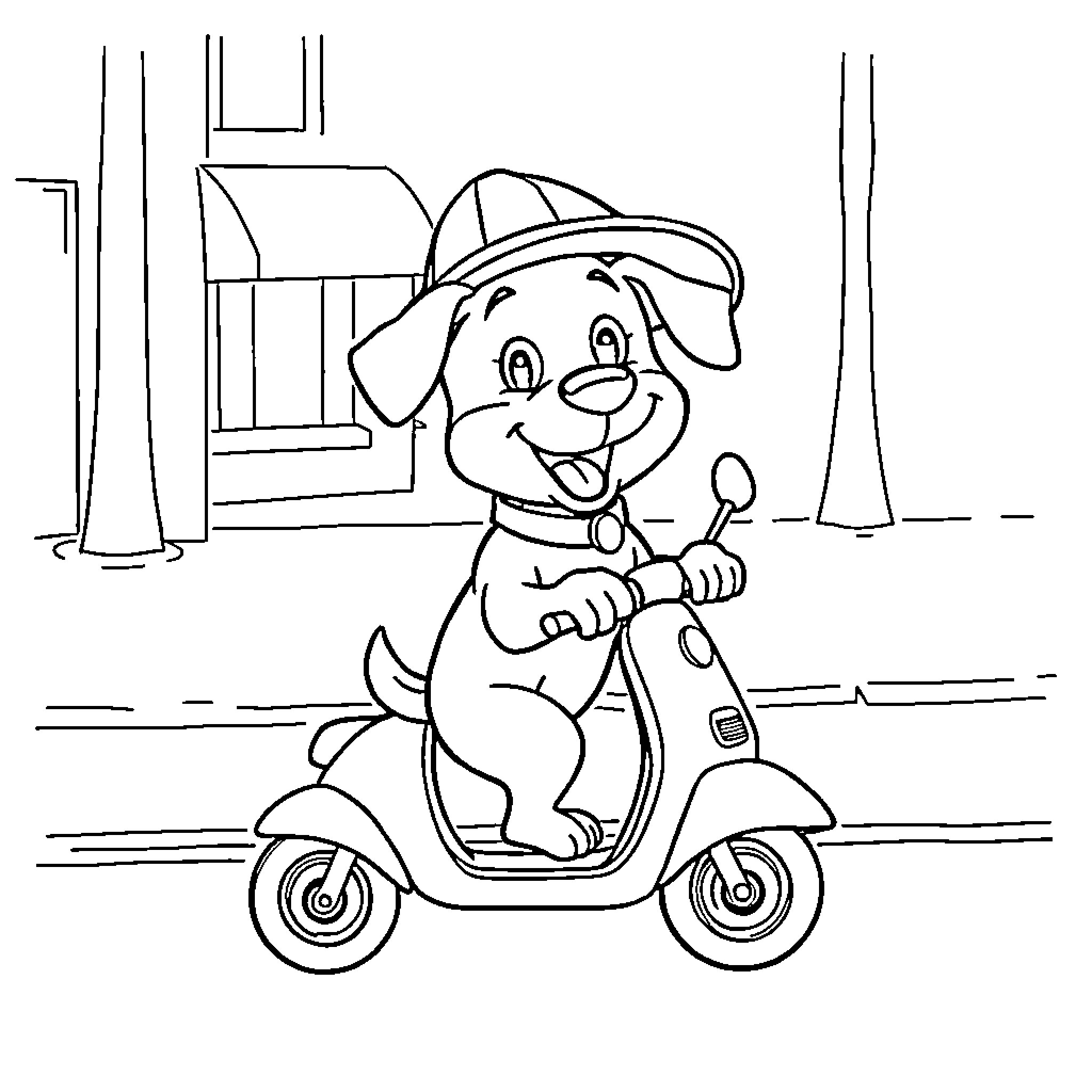 Dog riding scooter with a happy expression Coloring Page (free black-and-white line drawing printable PDF for all, from beginners to advanced learners, including children, teens, adults, and seniors)