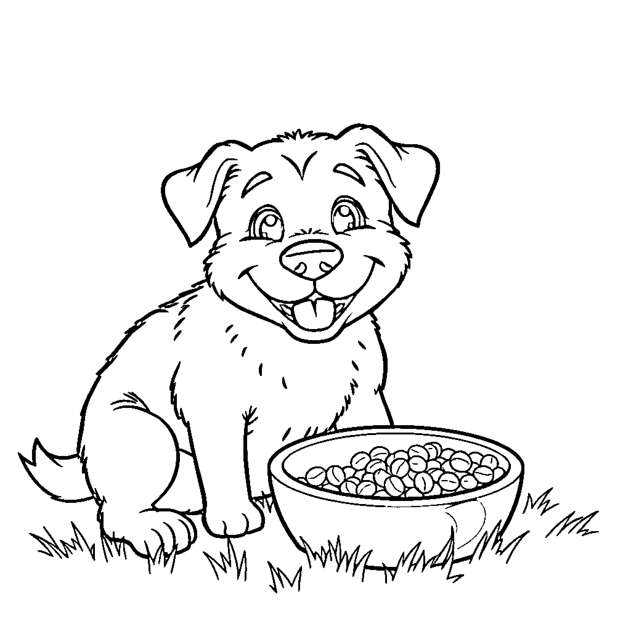 Dog enjoying a tasty meal of kibble Coloring Page (free black-and-white line drawing printable PDF for all, from beginners to advanced learners, including children, teens, adults, and seniors)
