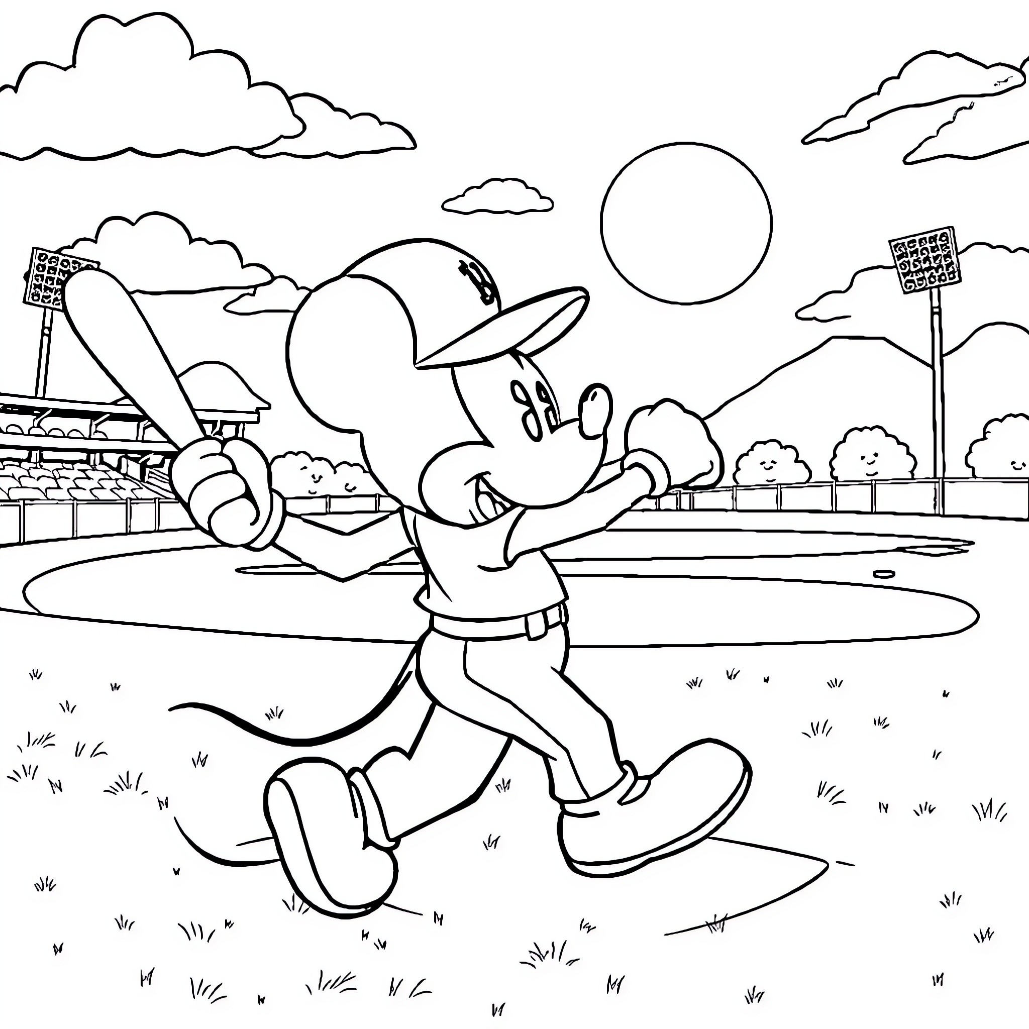 Mickey Mouse playing baseball on a sunny day Coloring Page (free black-and-white line drawing printable PDF for all, from beginners to advanced learners, including children, teens, adults, and seniors)