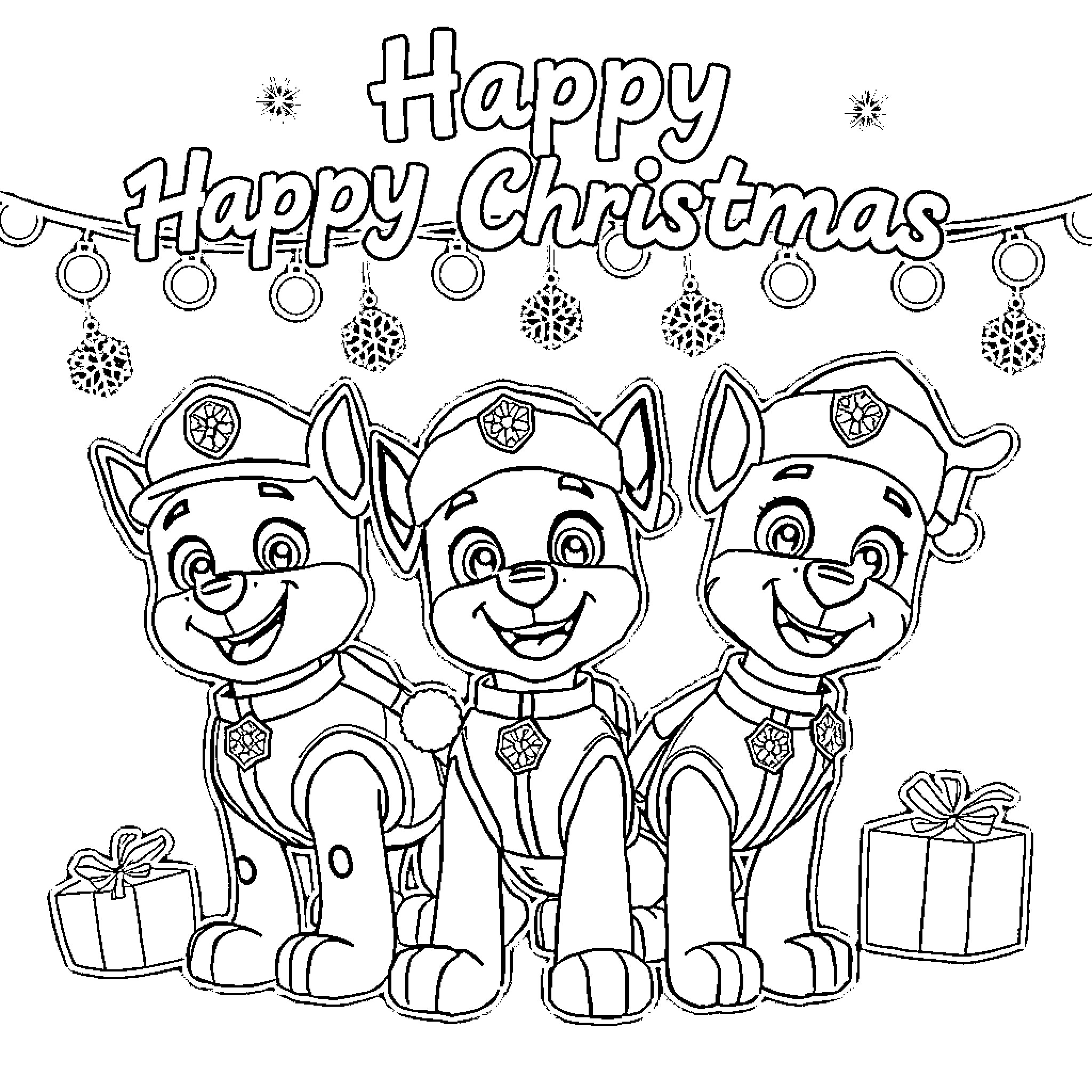 Paw Patrol pups celebrating Christmas happily Coloring Page (free black-and-white line drawing printable PDF for all, from beginners to advanced learners, including children, teens, adults, and seniors)