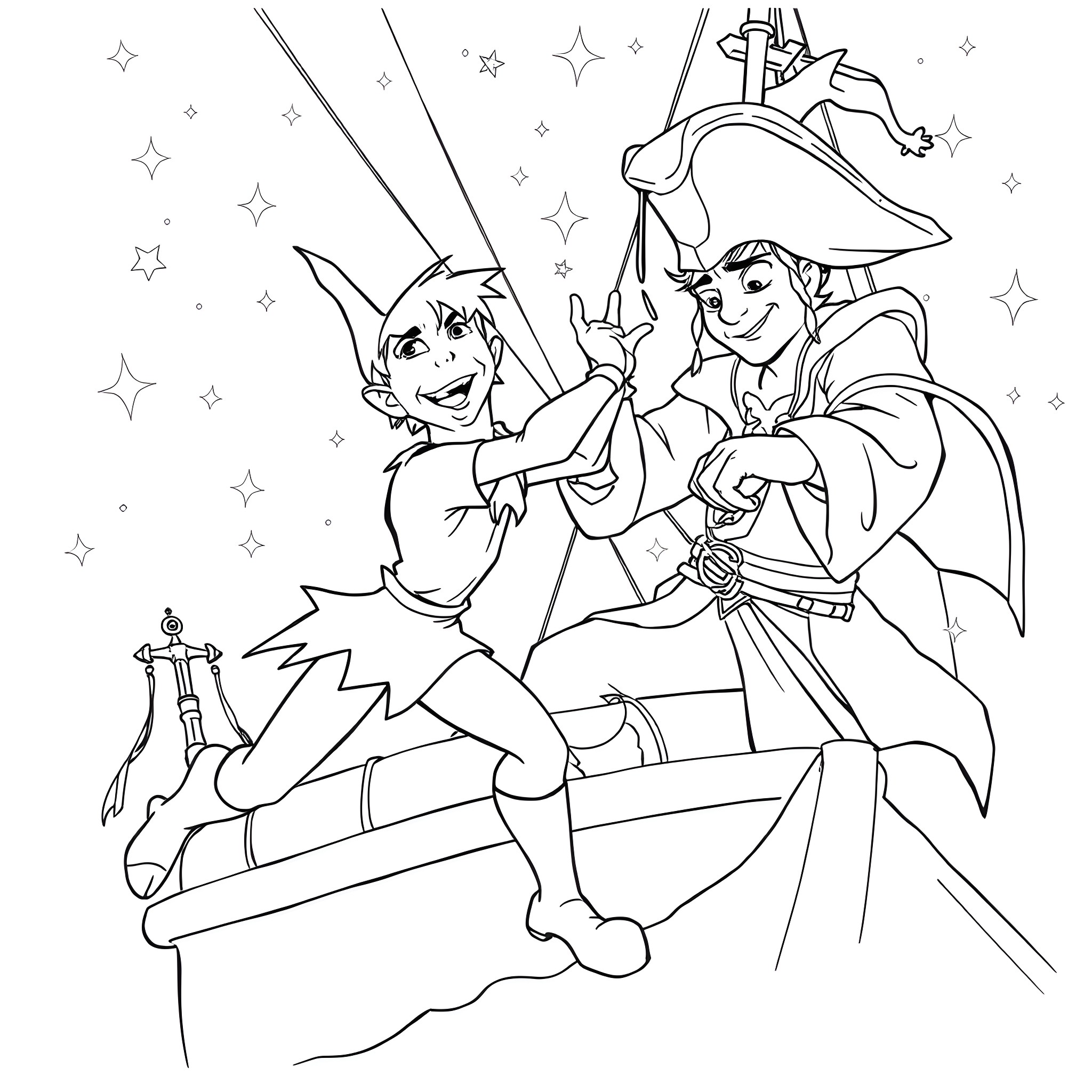 Peter Pan and Captain Hook in a Magical Adventure Coloring Page (free black-and-white line drawing printable PDF for all, from beginners to advanced learners, including children, teens, adults, and seniors)