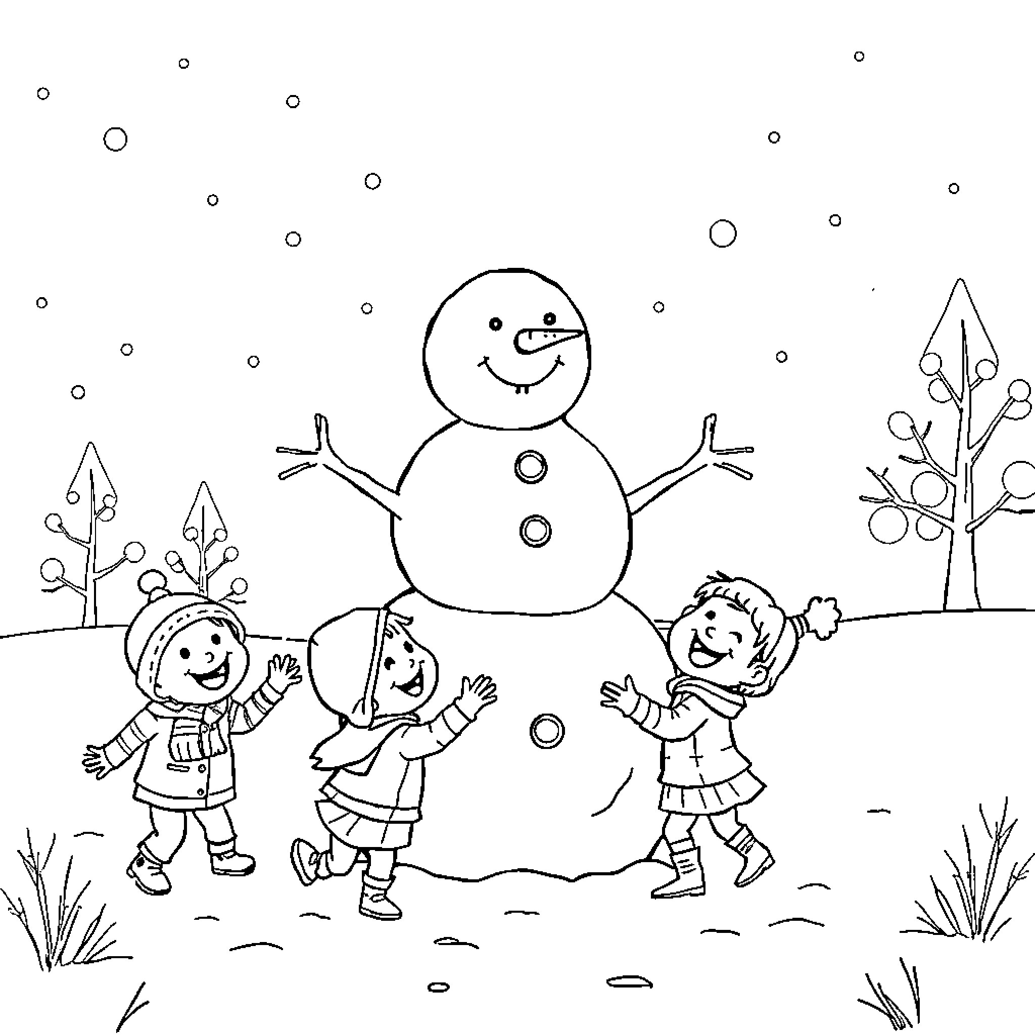 Snowman with playing children in winter landscape Coloring Page (free black-and-white line drawing printable PDF for all, from beginners to advanced learners, including children, teens, adults, and seniors)