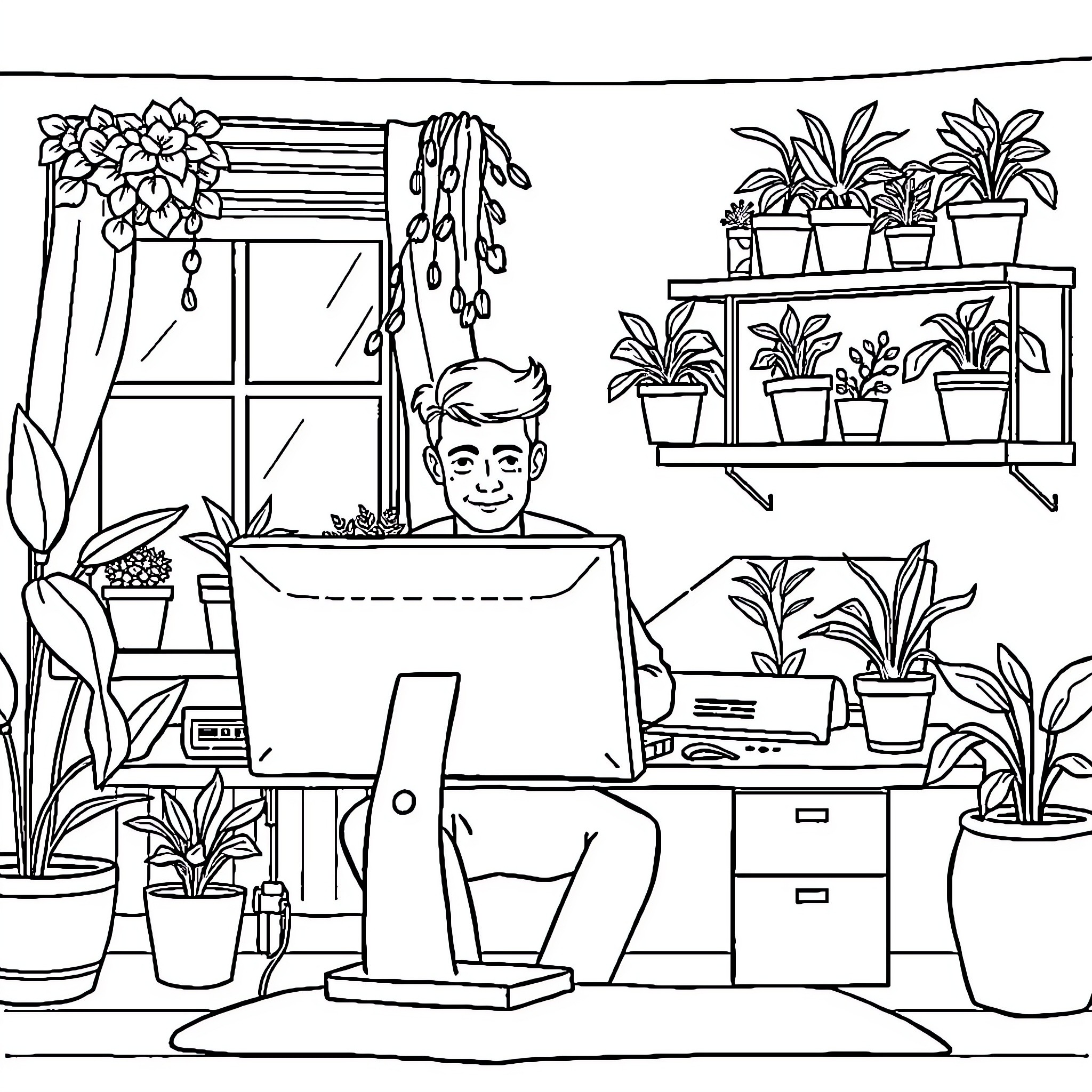 Man working diligently at his desk surrounded by plants Coloring Page (free black-and-white line drawing printable PDF for all, from beginners to advanced learners, including children, teens, adults, and seniors)