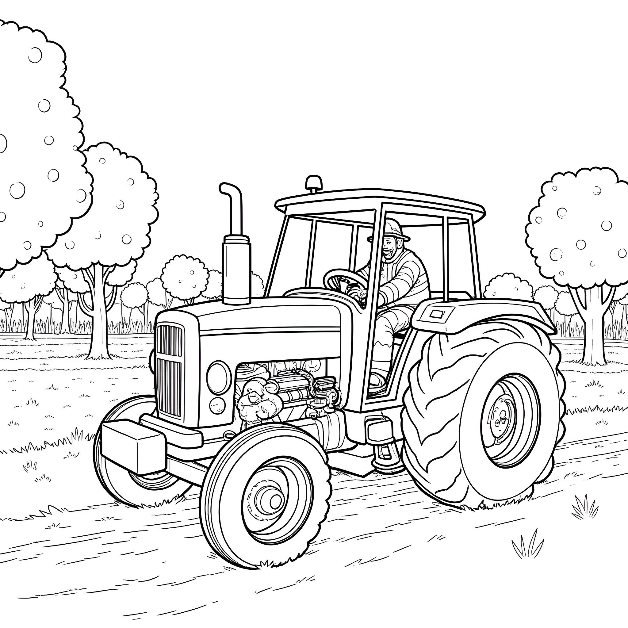Firefighter operates tractor in rural landscape Coloring Page (free black-and-white line drawing printable PDF for all, from beginners to advanced learners, including children, teens, adults, and seniors)