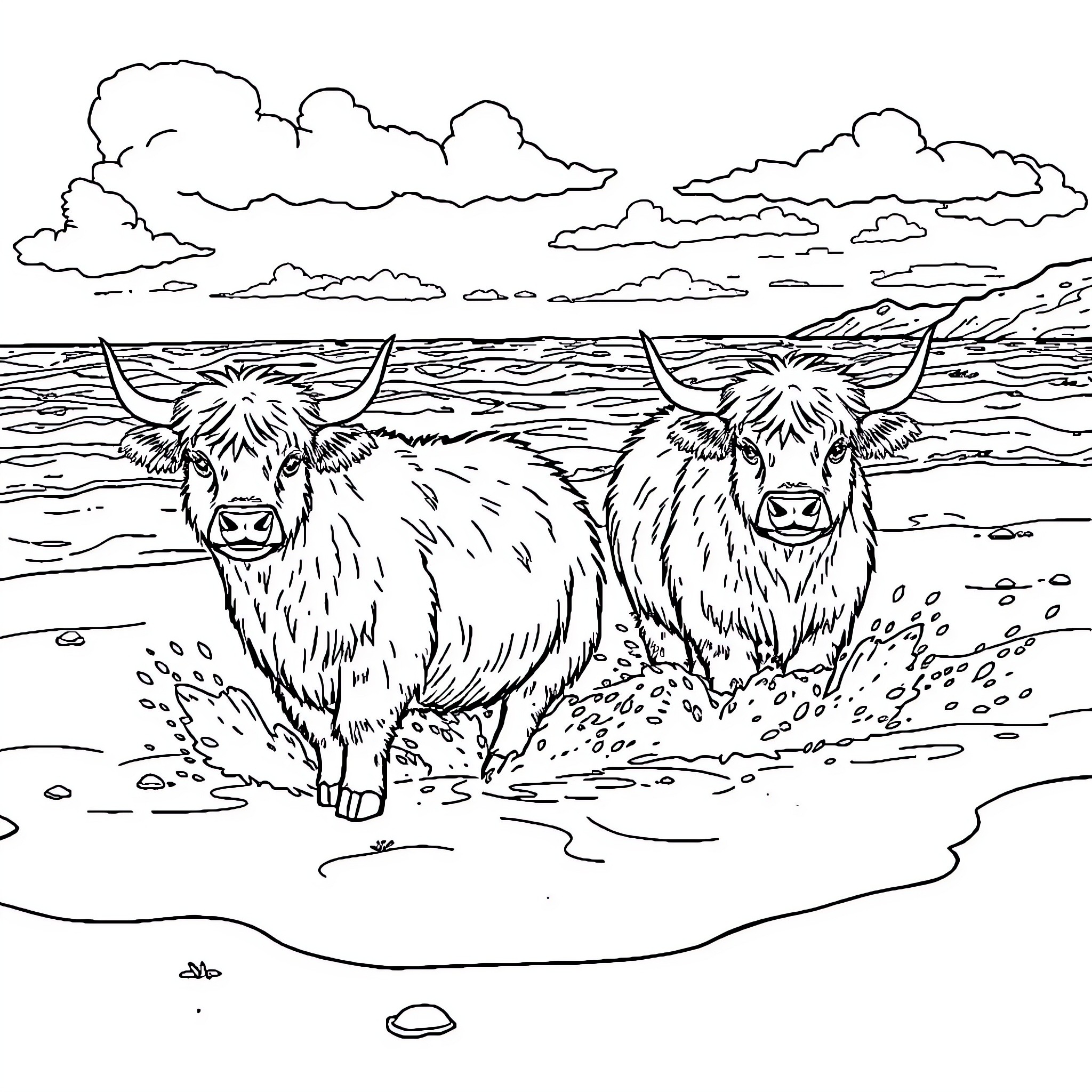 Highland Cows Wading in the Water Coloring Page (free black-and-white line drawing printable PDF for all, from beginners to advanced learners, including children, teens, adults, and seniors)