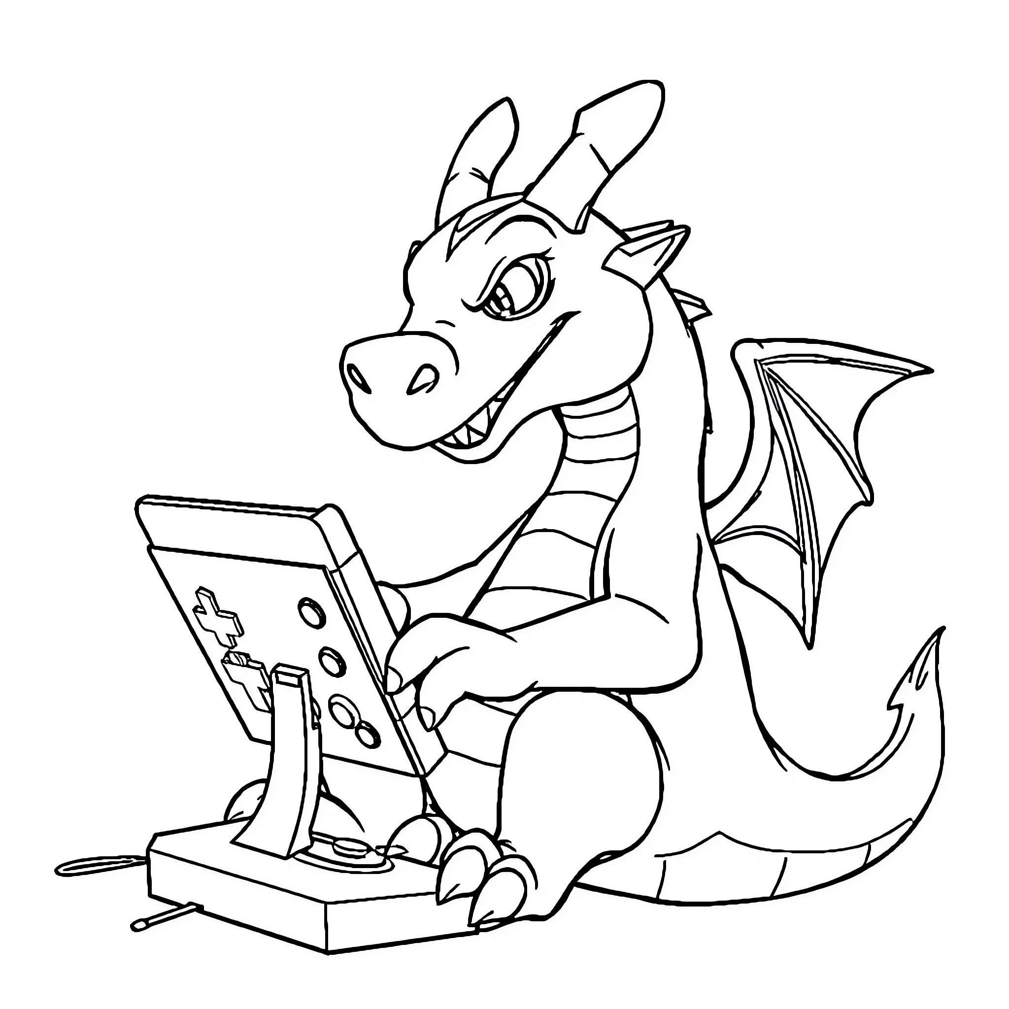 Dragon playing video game on console Coloring Page (free black-and-white line drawing printable PDF for all, from beginners to advanced learners, including children, teens, adults, and seniors)