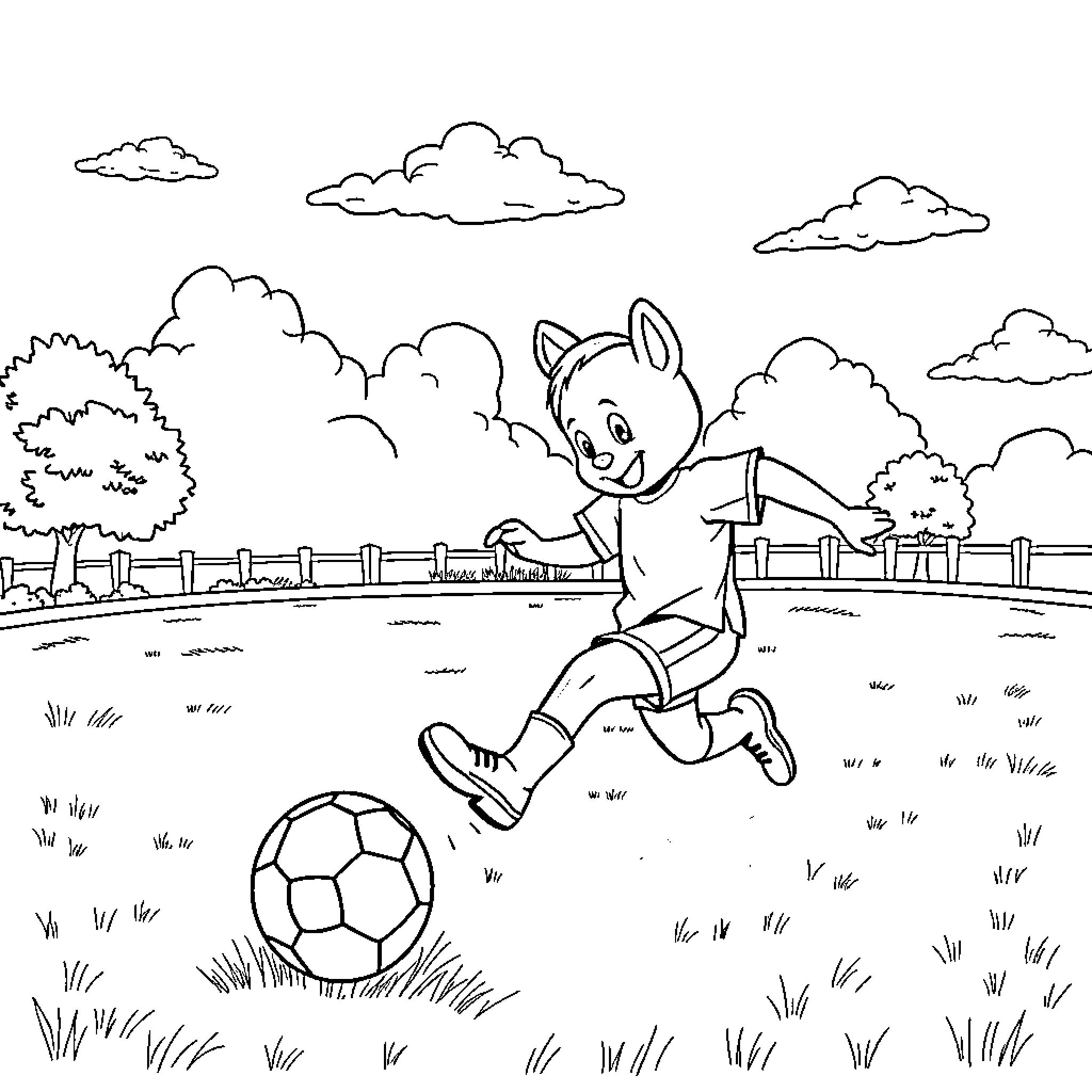 Bluey playing joyfully with a soccer ball Coloring Page (free black-and-white line drawing printable PDF for all, from beginners to advanced learners, including children, teens, adults, and seniors)