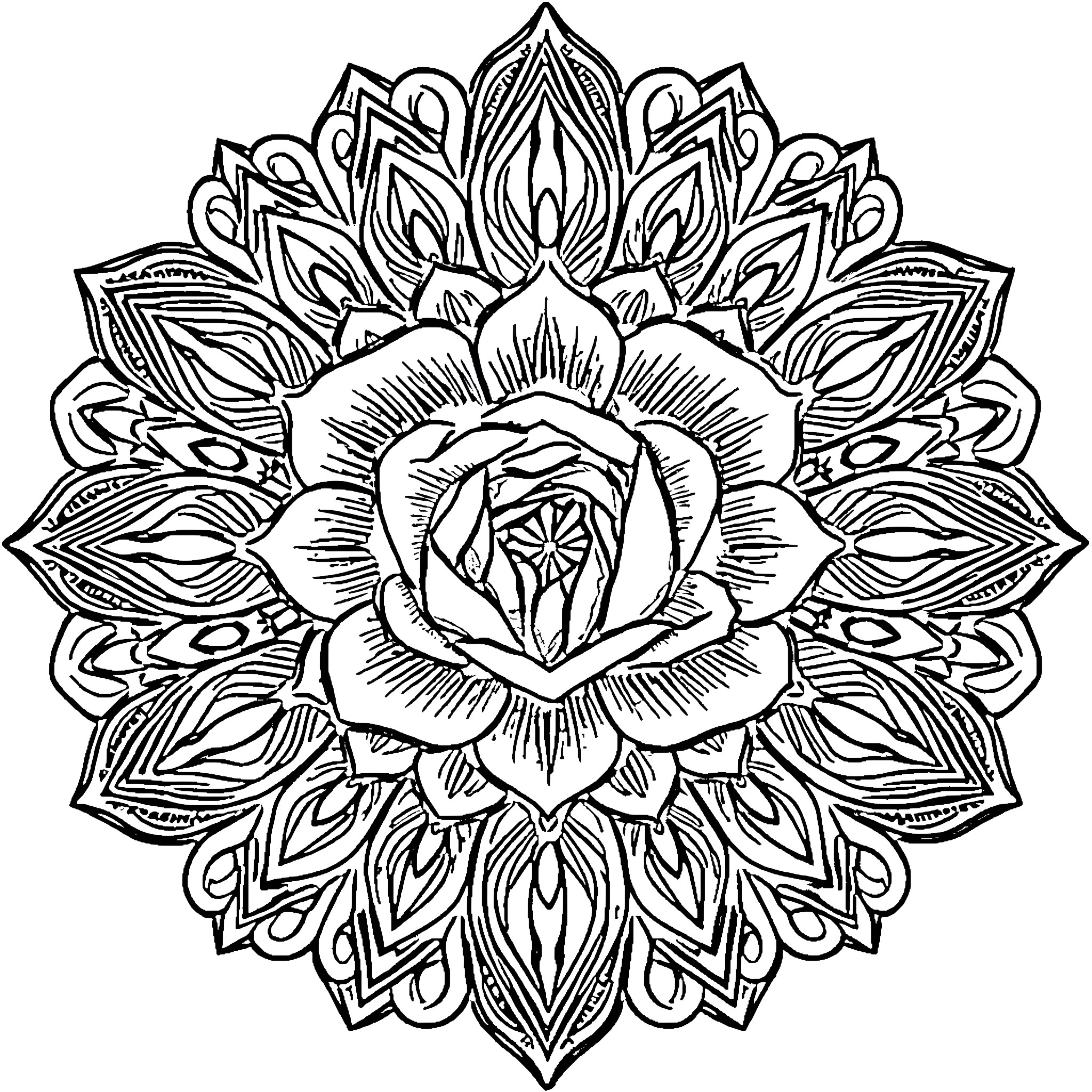 Rose Flower Mandala Illustration Coloring Page (free black-and-white line drawing printable PDF for all, from beginners to advanced learners, including children, teens, adults, and seniors)