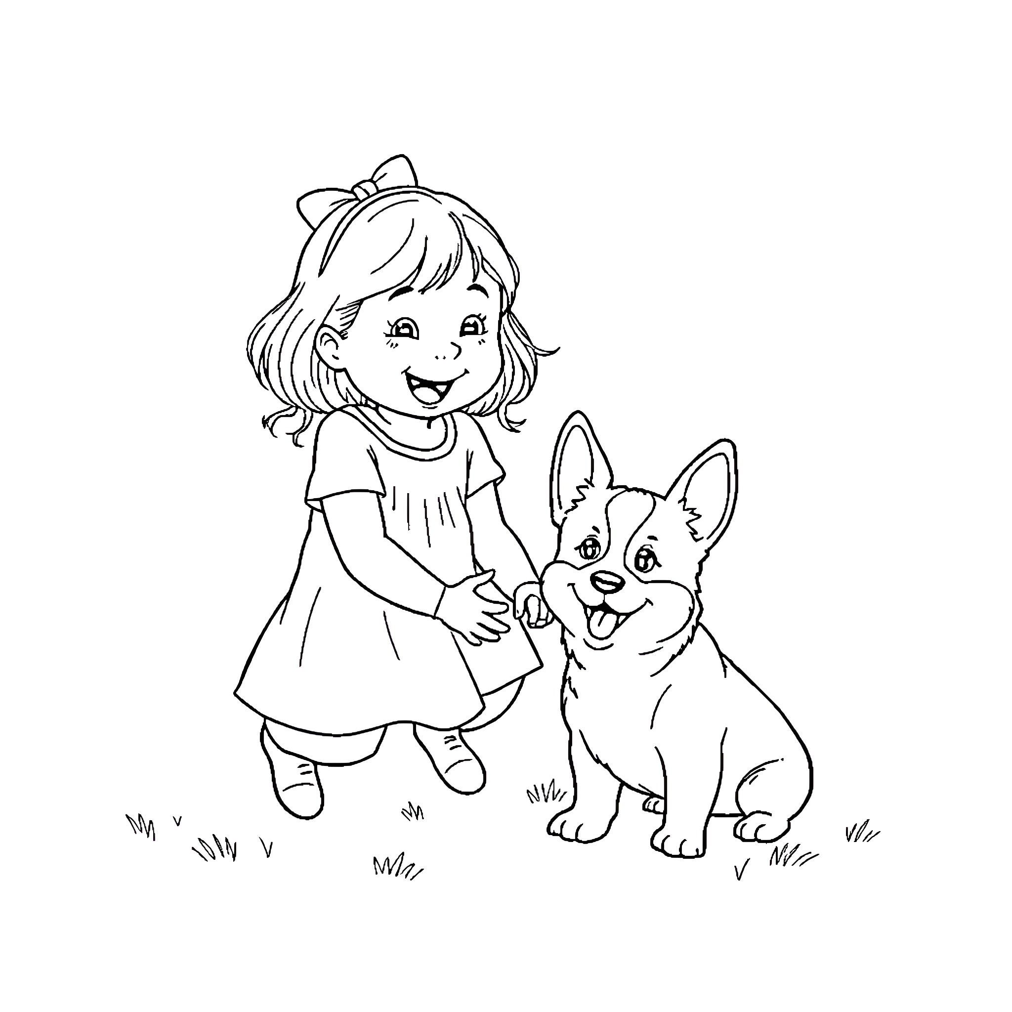 Girl playing cheerfully with her pet dog Coloring Page (free black-and-white line drawing printable PDF for all, from beginners to advanced learners, including children, teens, adults, and seniors)