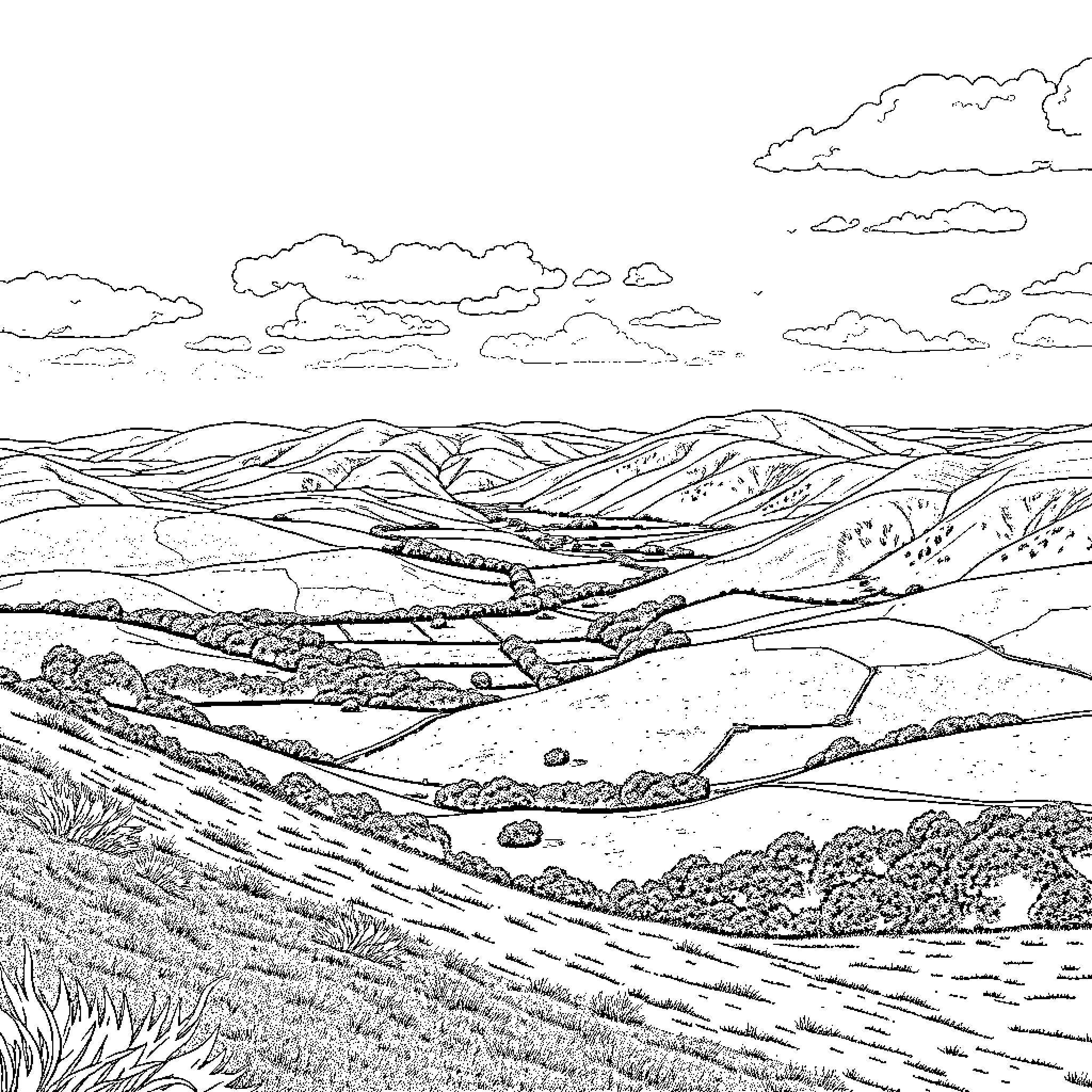 Wales: Peaceful Rolling Hills and Scenic Landscape Coloring Page (free black-and-white line drawing printable PDF for all, from beginners to advanced learners, including children, teens, adults, and seniors)