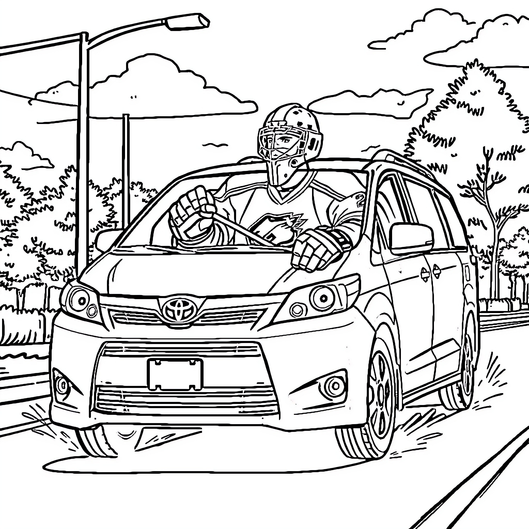 Hockey Goalie in Uniform Driving Car on the Road Coloring Page (free black-and-white line drawing printable PDF for all, from beginners to advanced learners, including children, teens, adults, and seniors)