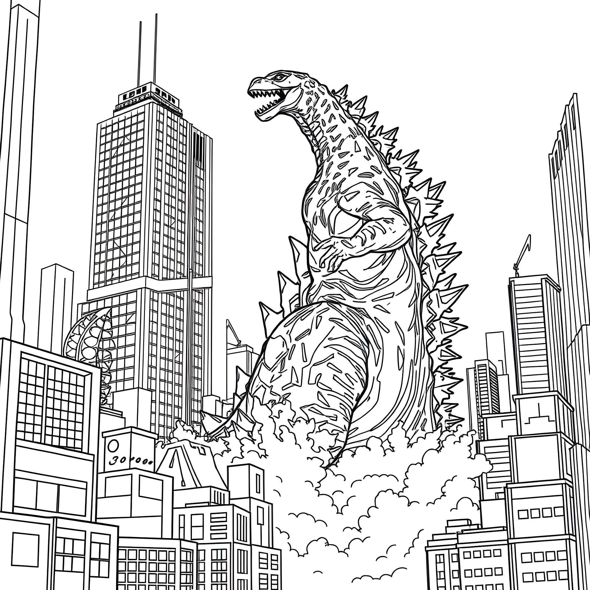 Godzilla destroying skyscrapers in the city Coloring Page (free black-and-white line drawing printable PDF for all, from beginners to advanced learners, including children, teens, adults, and seniors)