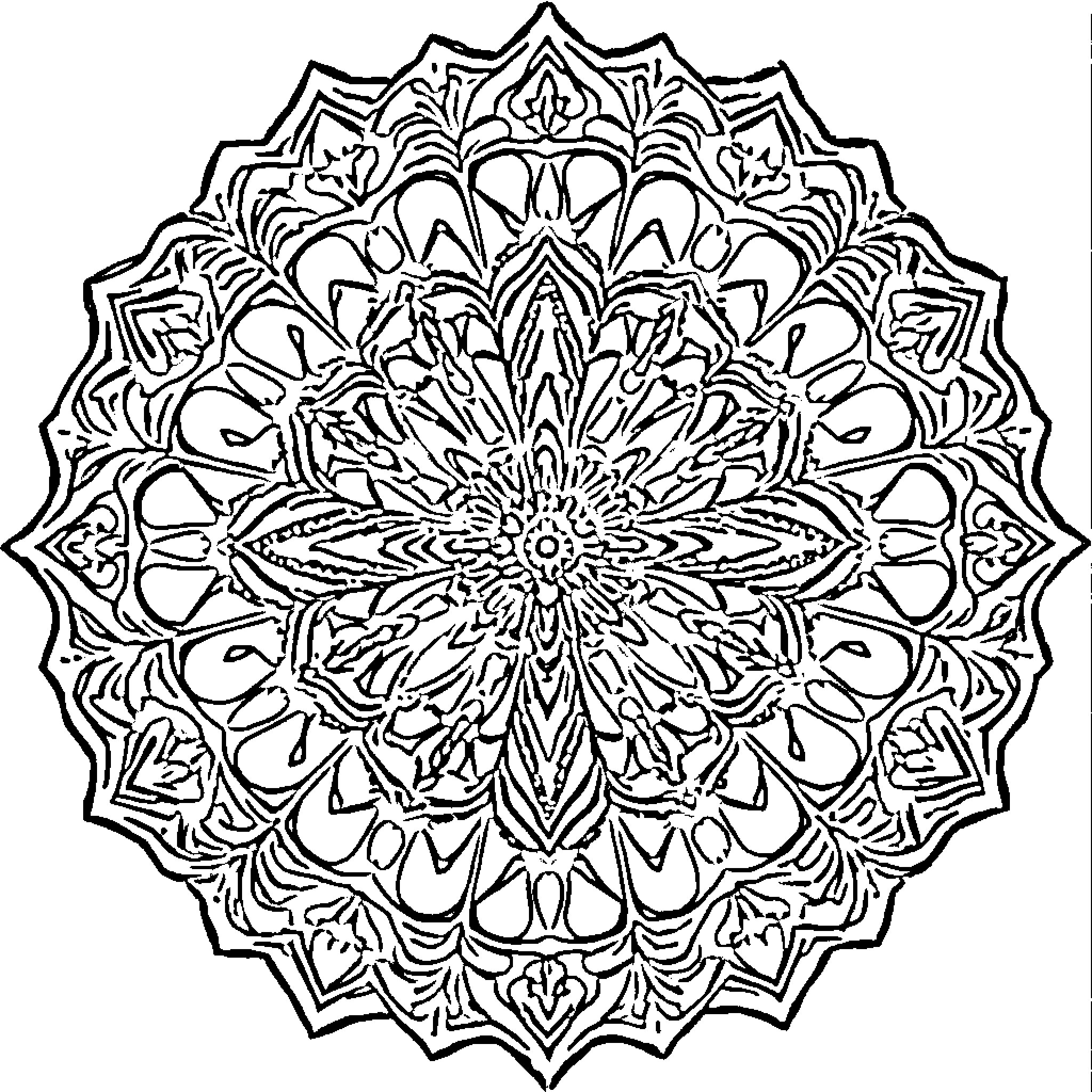 Mandala featuring intricate floral and geometric patterns Coloring Page (free black-and-white line drawing printable PDF for all, from beginners to advanced learners, including children, teens, adults, and seniors)