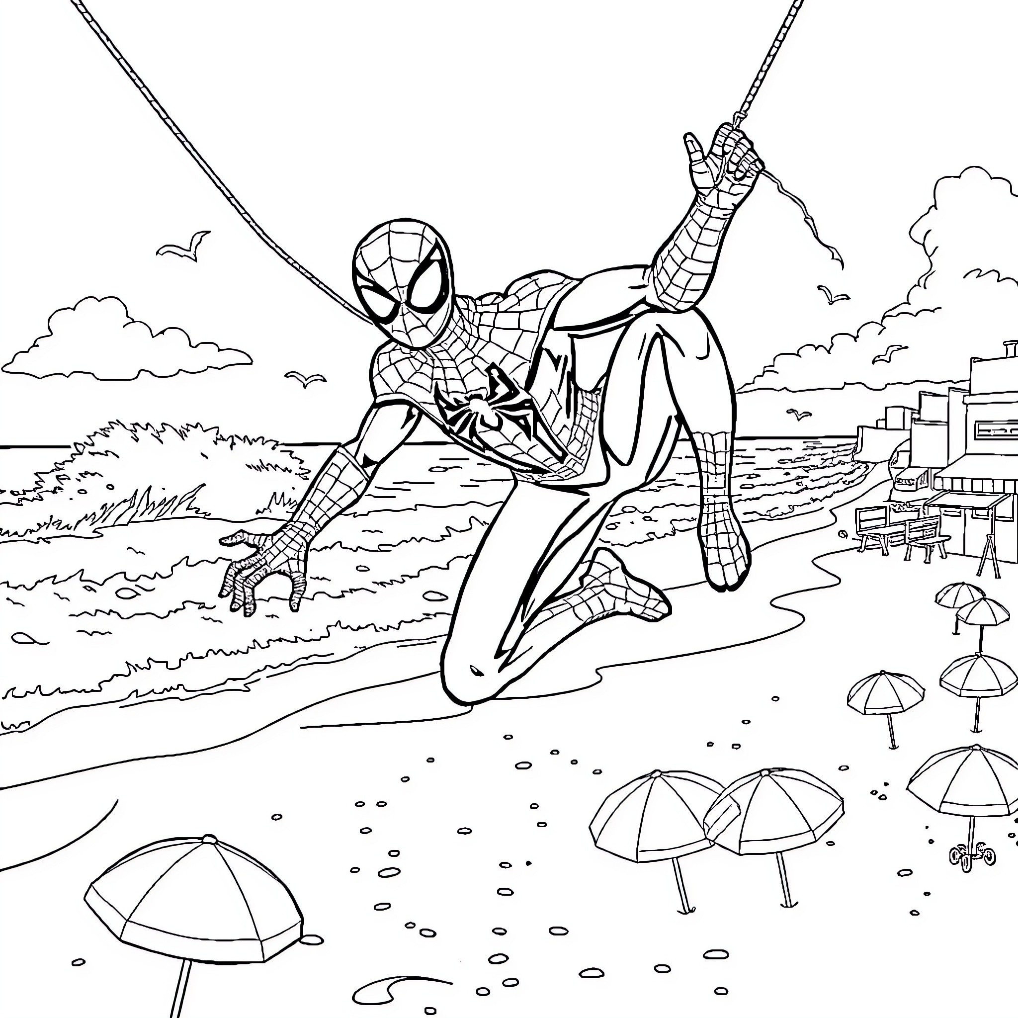 Spider-Man swinging through the city Coloring Page (free black-and-white line drawing printable PDF for all, from beginners to advanced learners, including children, teens, adults, and seniors)