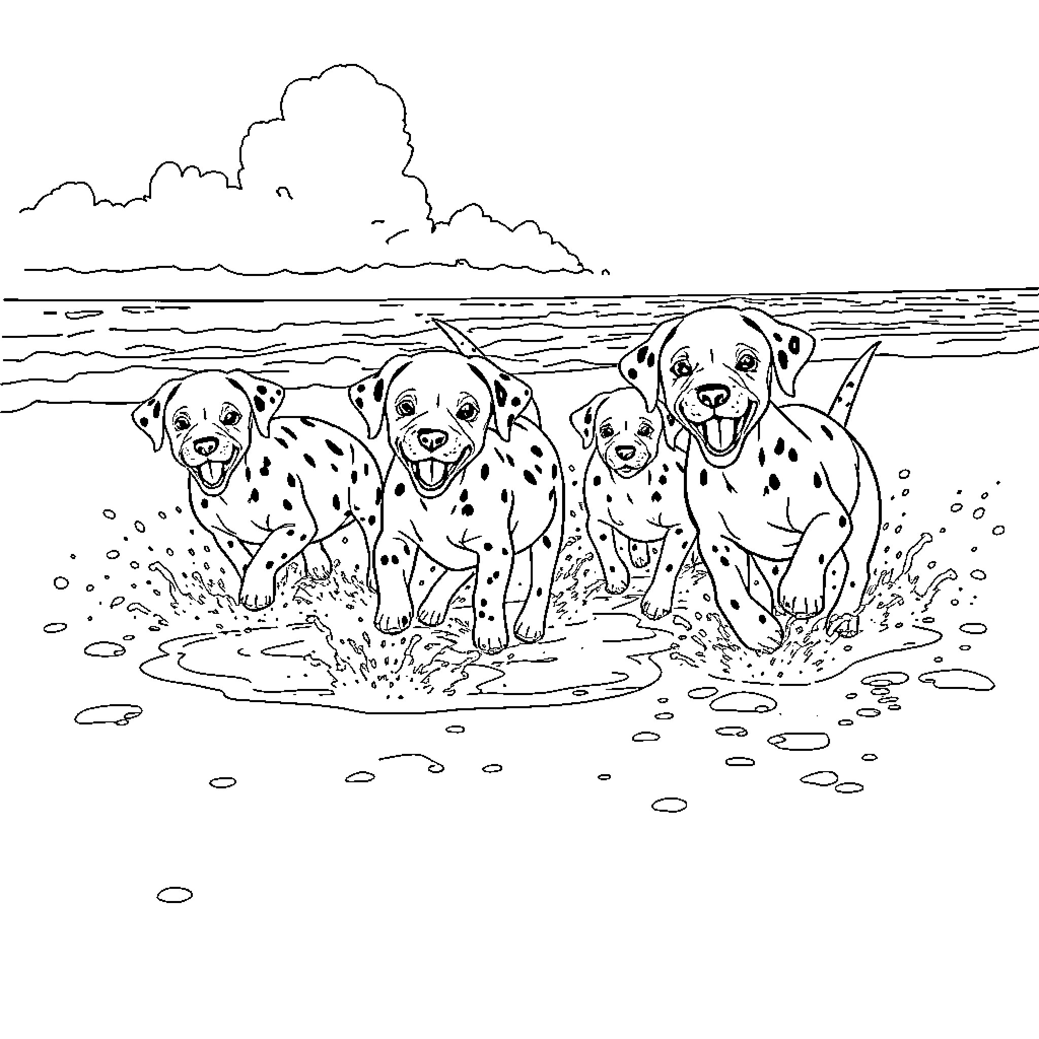 Dalmatian dogs enjoying a day at the beach Coloring Page (free black-and-white line drawing printable PDF for all, from beginners to advanced learners, including children, teens, adults, and seniors)