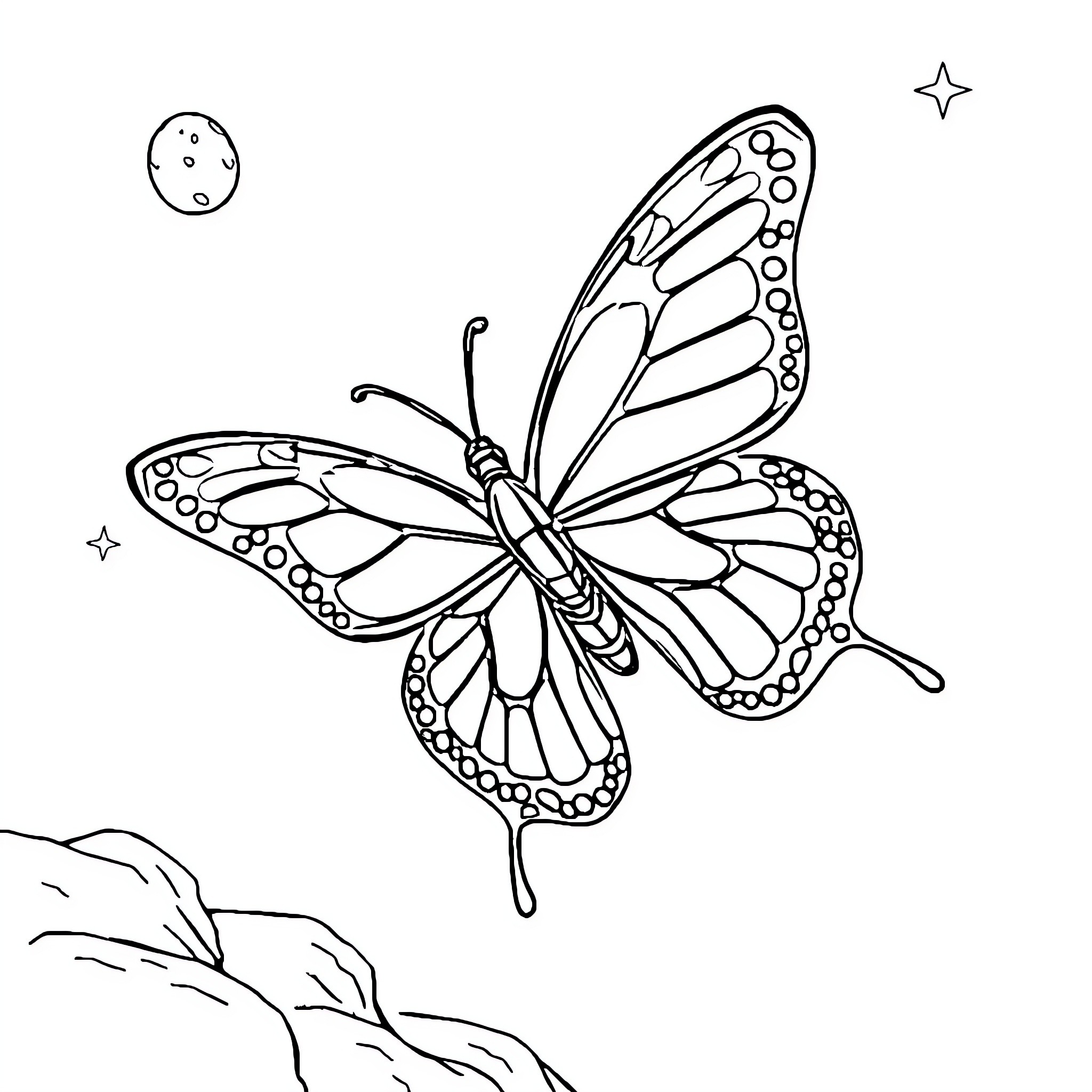 Butterfly soaring through the night sky Coloring Page (free black-and-white line drawing printable PDF for all, from beginners to advanced learners, including children, teens, adults, and seniors)