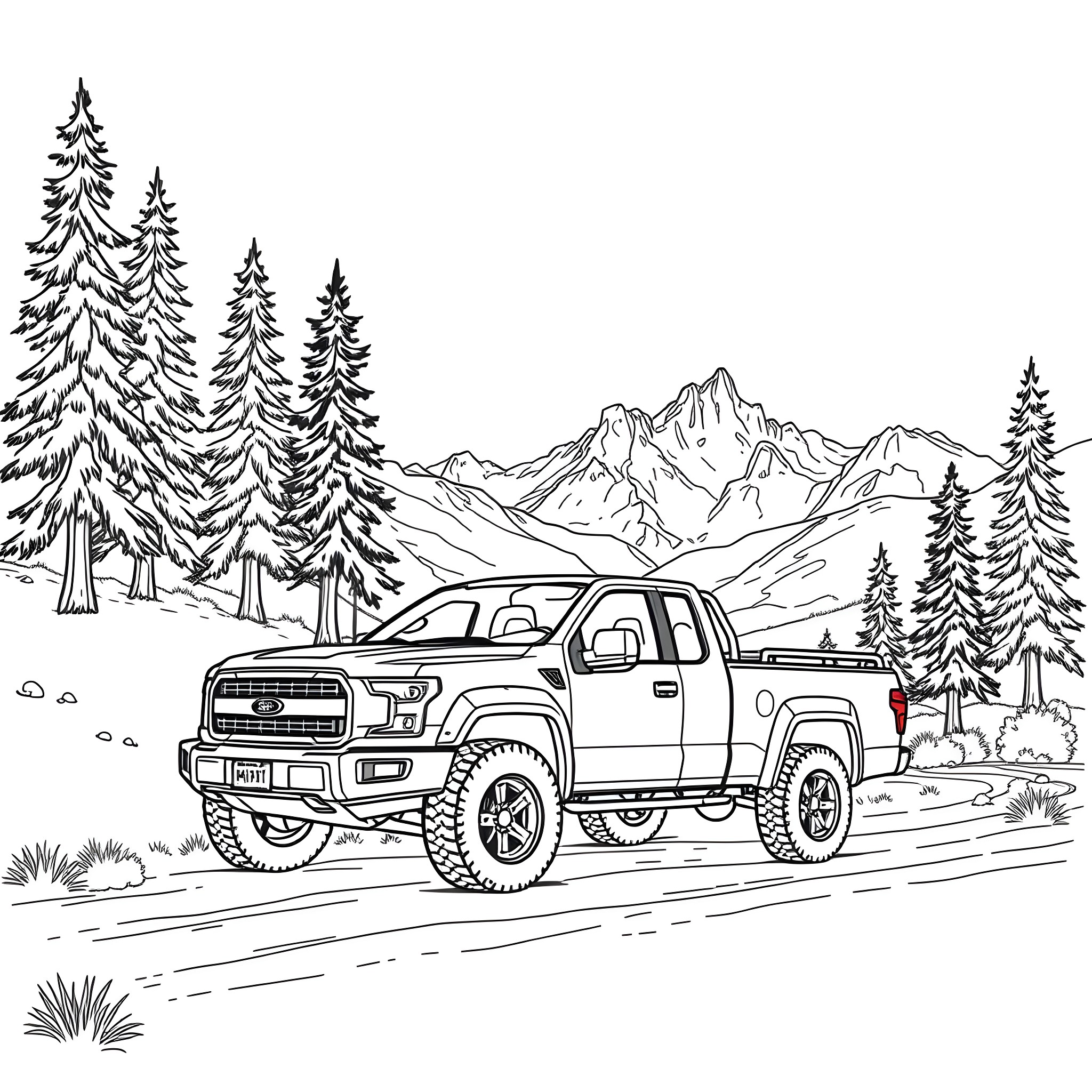 Pick Up Truck Traversing Mountain Terrain Coloring Page (free black-and-white line drawing printable PDF for all, from beginners to advanced learners, including children, teens, adults, and seniors)