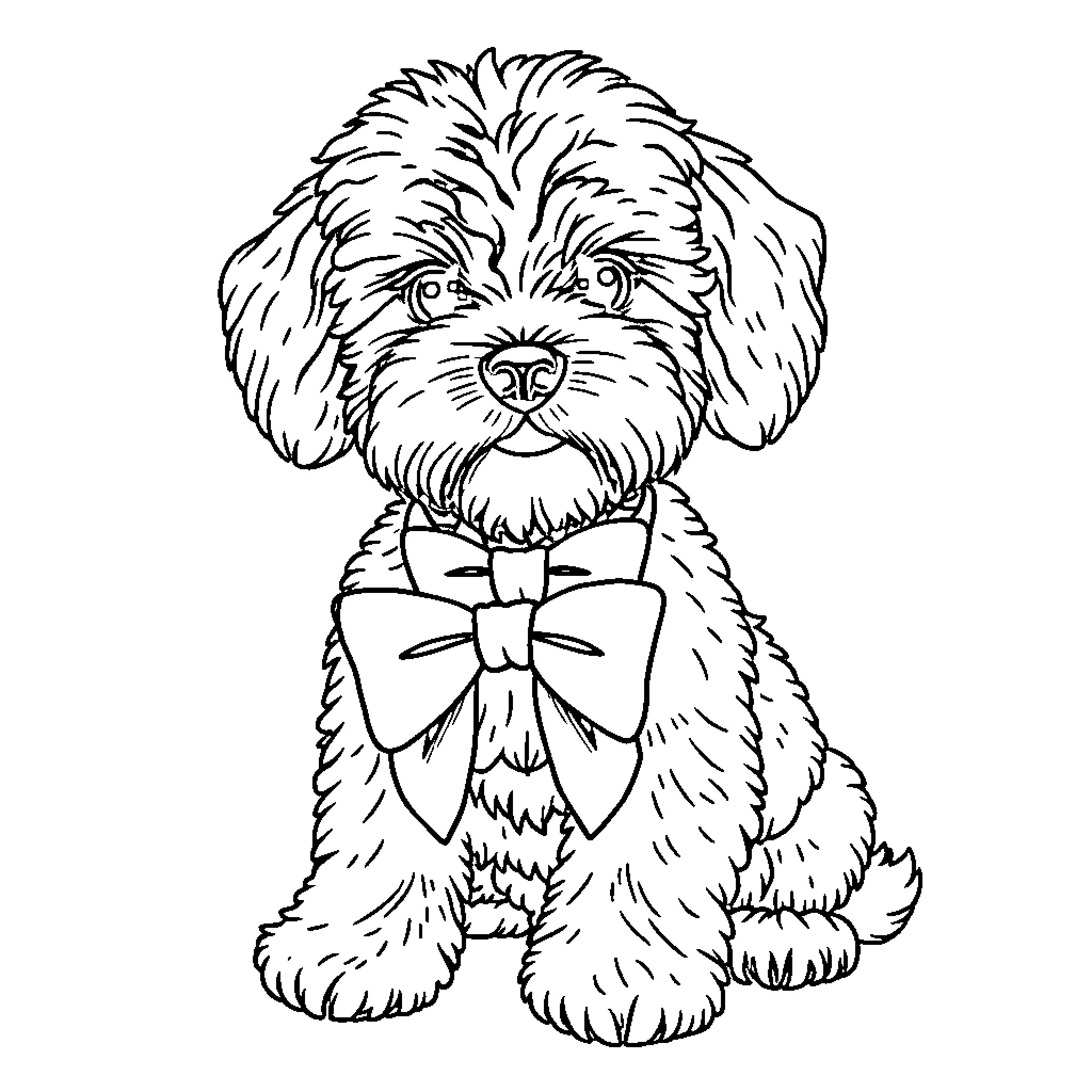 Cavoodle sitting adorably in a bowtie Coloring Page (free black-and-white line drawing printable PDF for all, from beginners to advanced learners, including children, teens, adults, and seniors)