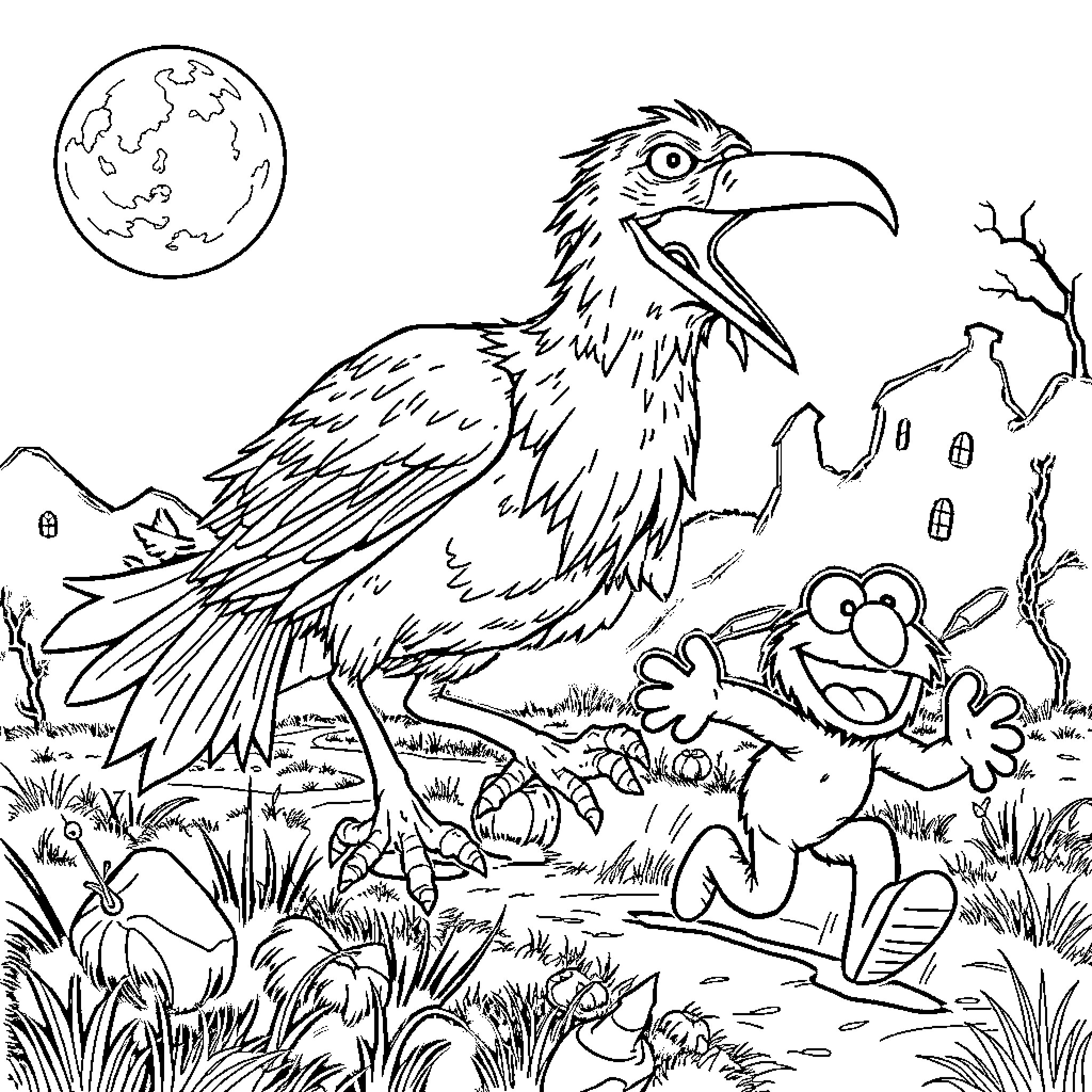Zombie Bird stalking a fearful cartoon frog in a spooky night scene Coloring Page (free black-and-white line drawing printable PDF for all, from beginners to advanced learners, including children, teens, adults, and seniors)