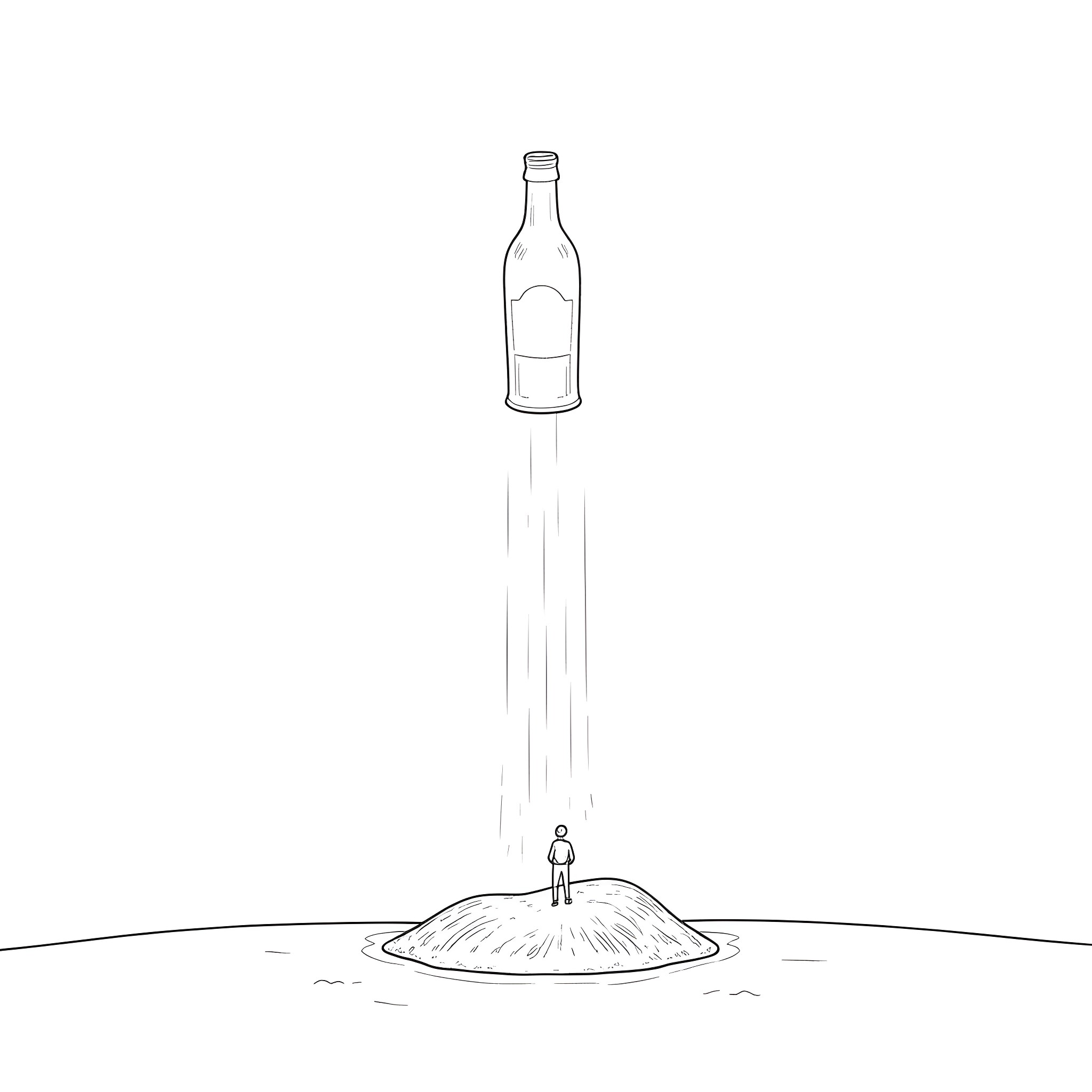 Whiskey Bottle Defying Gravity Coloring Page (free black-and-white line drawing printable PDF for all, from beginners to advanced learners, including children, teens, adults, and seniors)