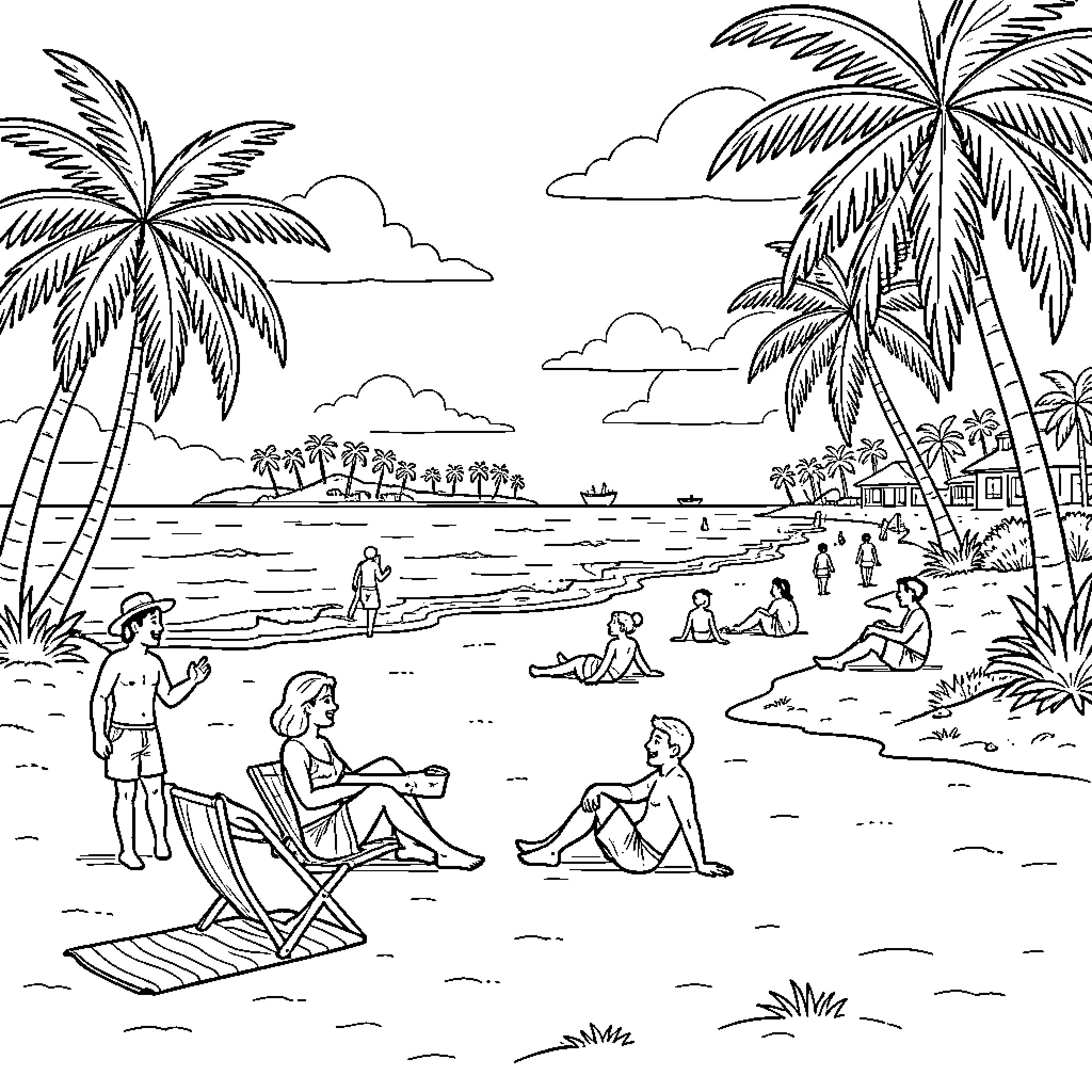 Key West beach scene with people relaxing by the sea Coloring Page (free black-and-white line drawing printable PDF for all, from beginners to advanced learners, including children, teens, adults, and seniors)