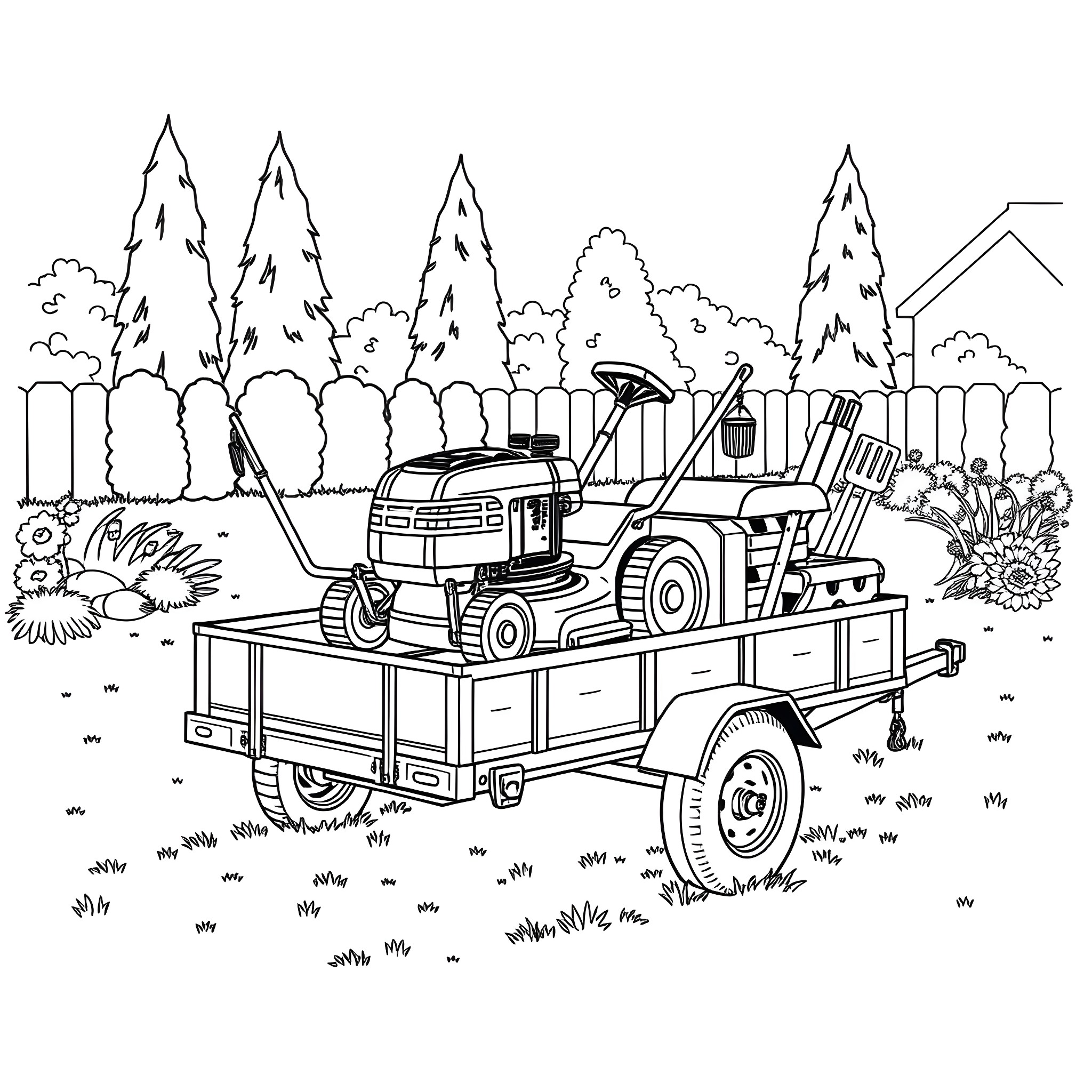 Mower operating machinery in outdoor landscape Coloring Page (free black-and-white line drawing printable PDF for all, from beginners to advanced learners, including children, teens, adults, and seniors)