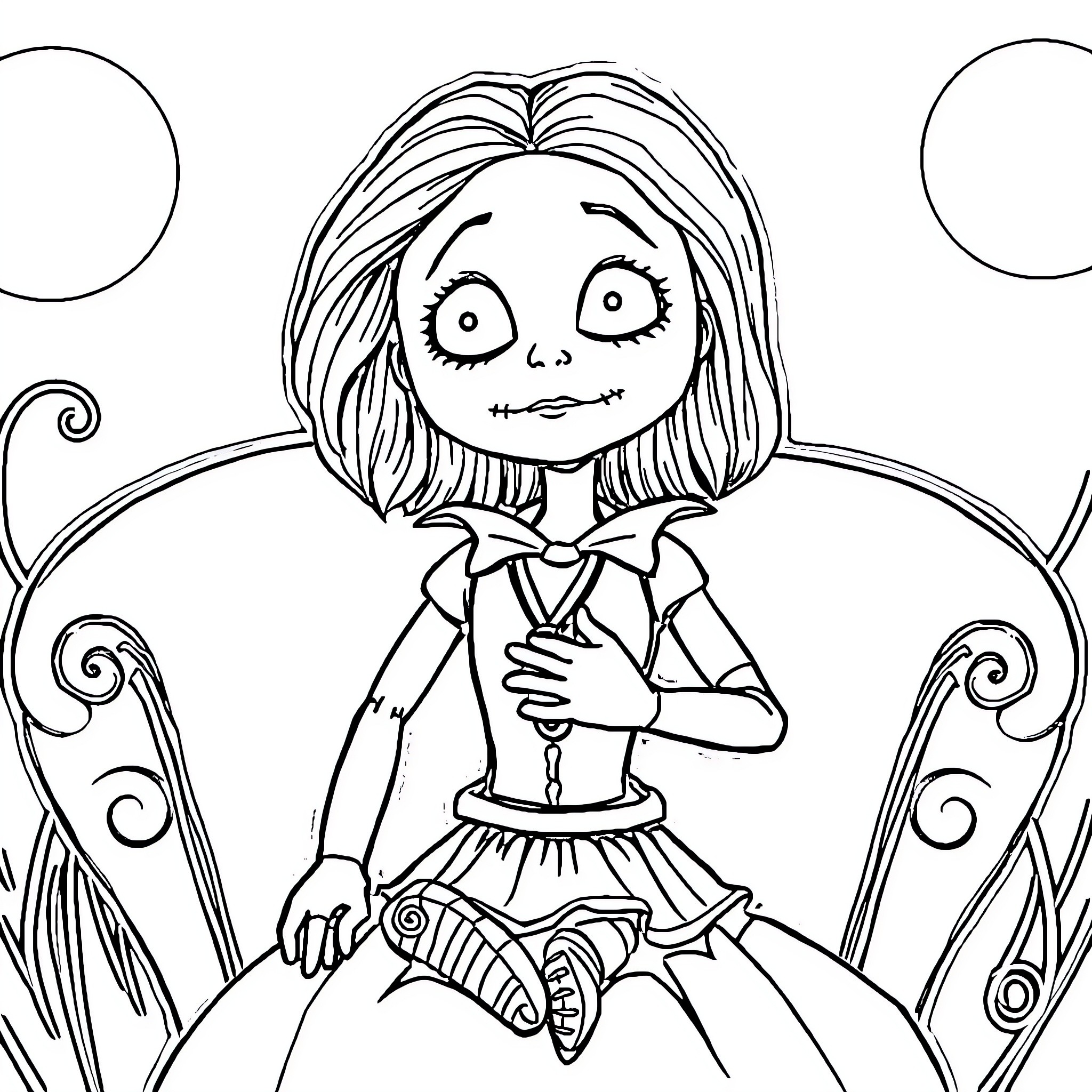 Sally's Whimsical Outfit and Friendly Expression Coloring Page (free black-and-white line drawing printable PDF for all, from beginners to advanced learners, including children, teens, adults, and seniors)