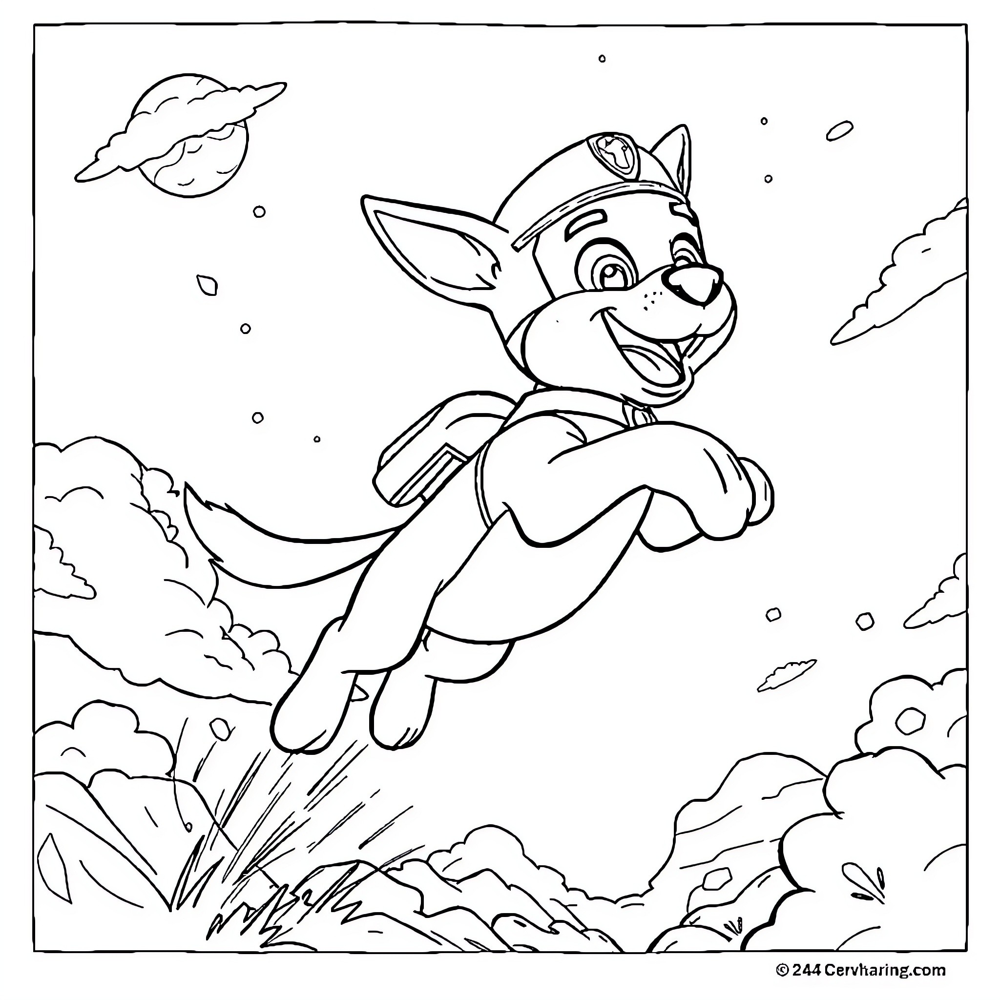Chase through the clouds with a happy pup Coloring Page (free black-and-white line drawing printable PDF for all, from beginners to advanced learners, including children, teens, adults, and seniors)
