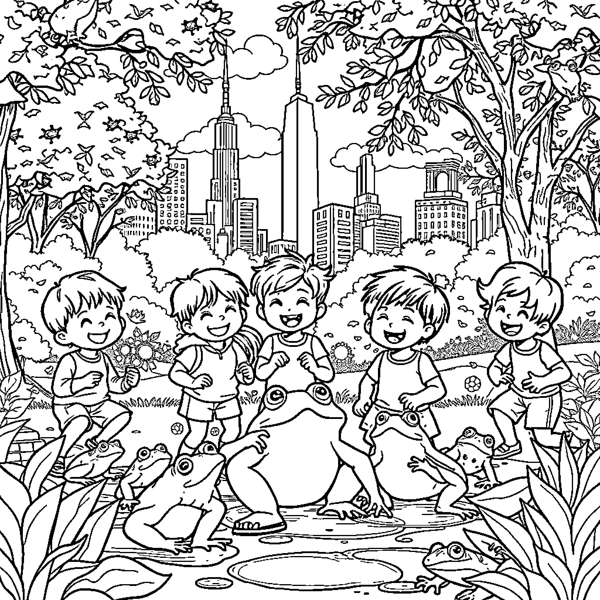 Frog friends playing in the city park Coloring Page (free black-and-white line drawing printable PDF for all, from beginners to advanced learners, including children, teens, adults, and seniors)