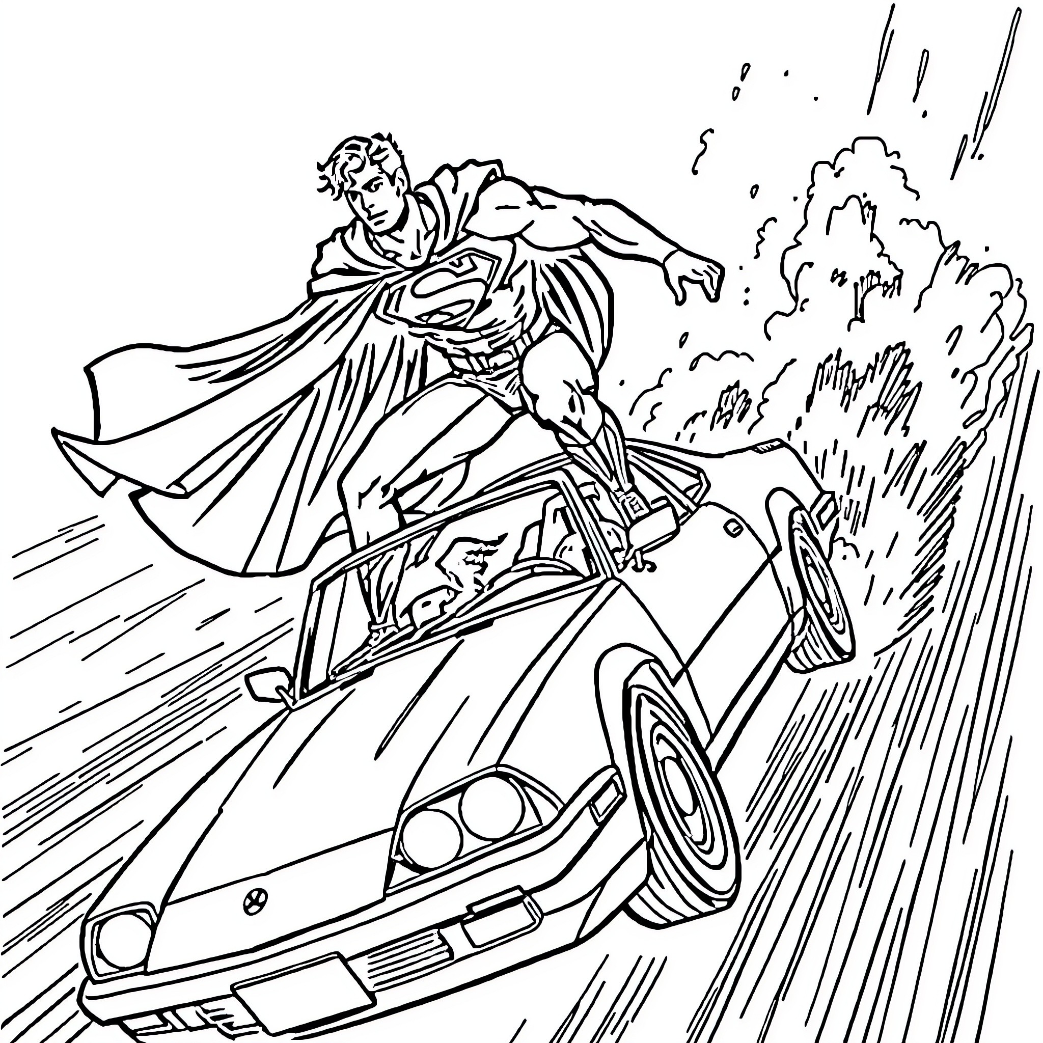 Superman soaring through the sky in heroic action Coloring Page (free black-and-white line drawing printable PDF for all, from beginners to advanced learners, including children, teens, adults, and seniors)