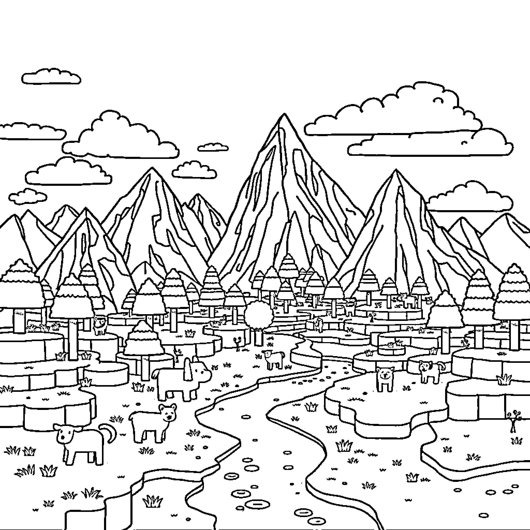 Minecraft Landscape with Mountains and Structures Coloring Page (free black-and-white line drawing printable PDF for all, from beginners to advanced learners, including children, teens, adults, and seniors)