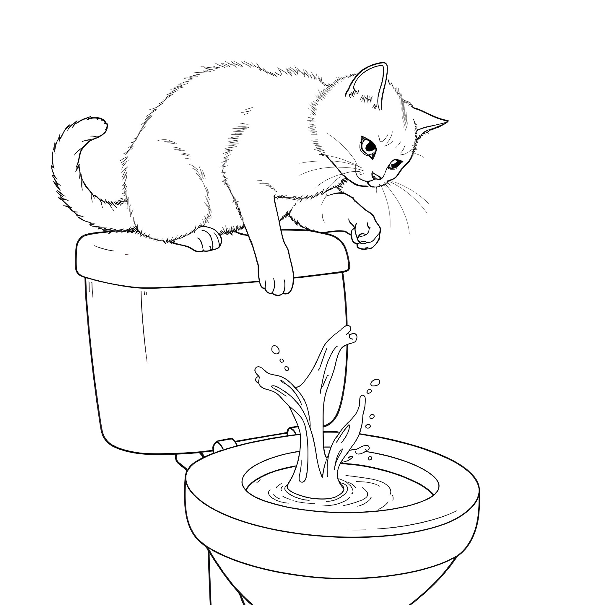 Cat playing in water-filled toilet Coloring Page (free black-and-white line drawing printable PDF for all, from beginners to advanced learners, including children, teens, adults, and seniors)