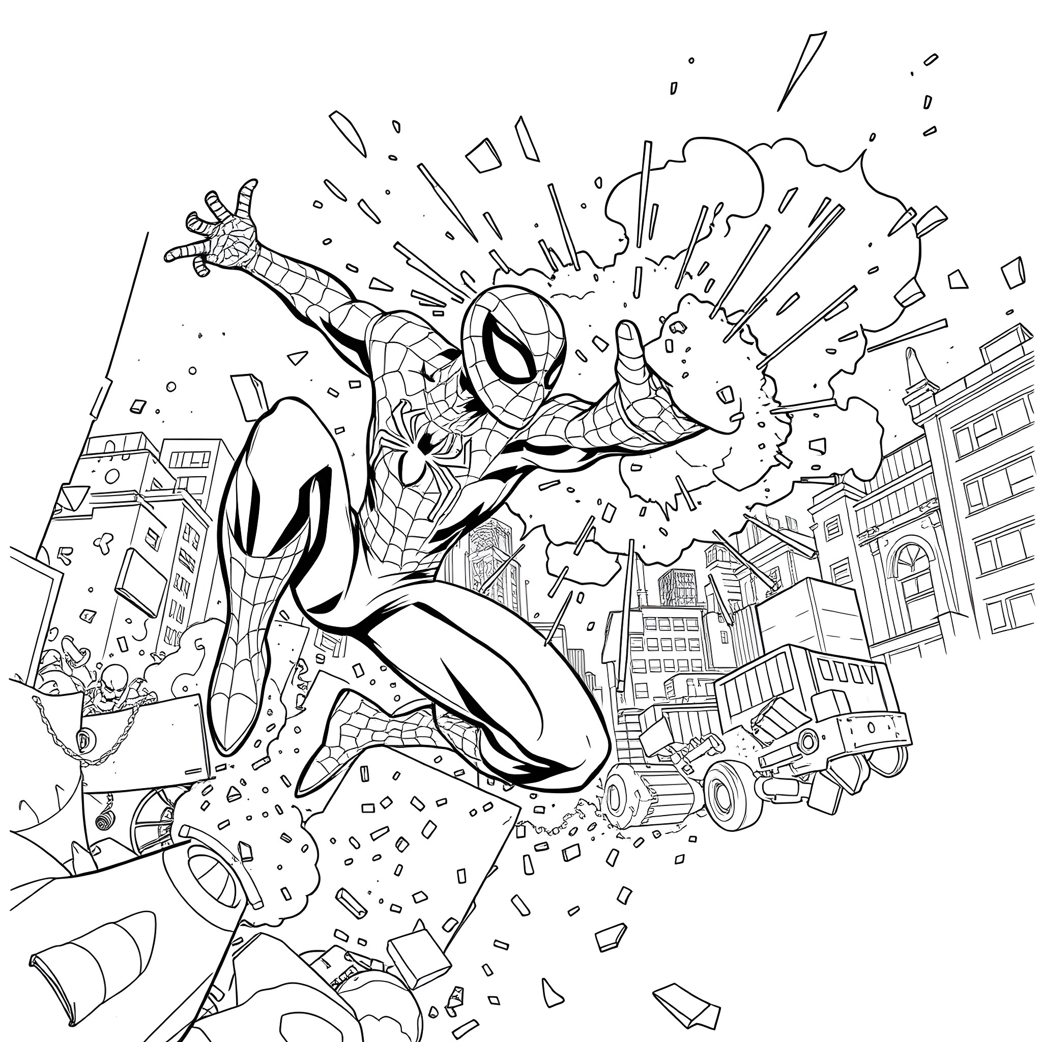 Spiderman in Action-Packed Adventure Coloring Page (free black-and-white line drawing printable PDF for all, from beginners to advanced learners, including children, teens, adults, and seniors)