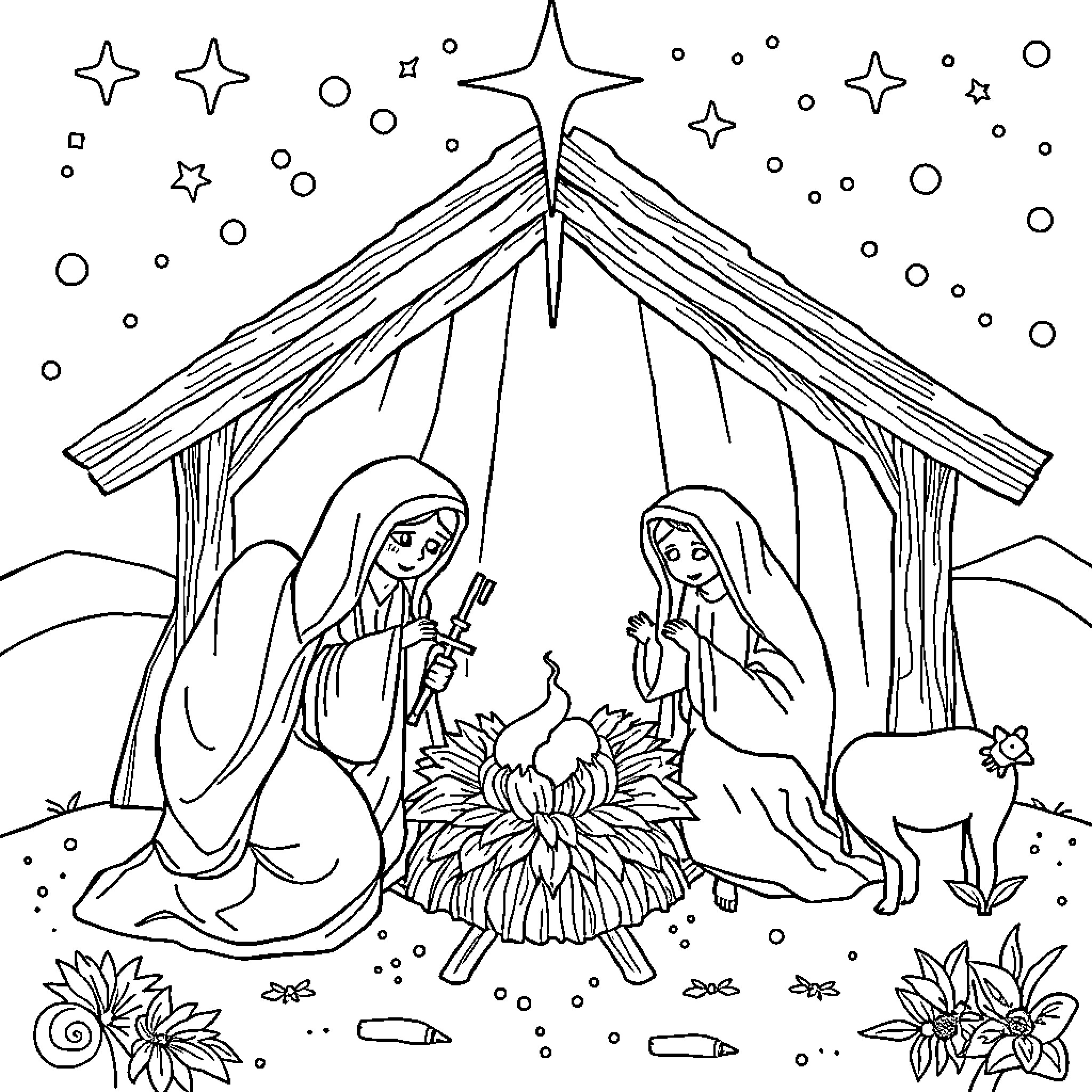Nativity scene with holy figures and animals Coloring Page (free black-and-white line drawing printable PDF for all, from beginners to advanced learners, including children, teens, adults, and seniors)