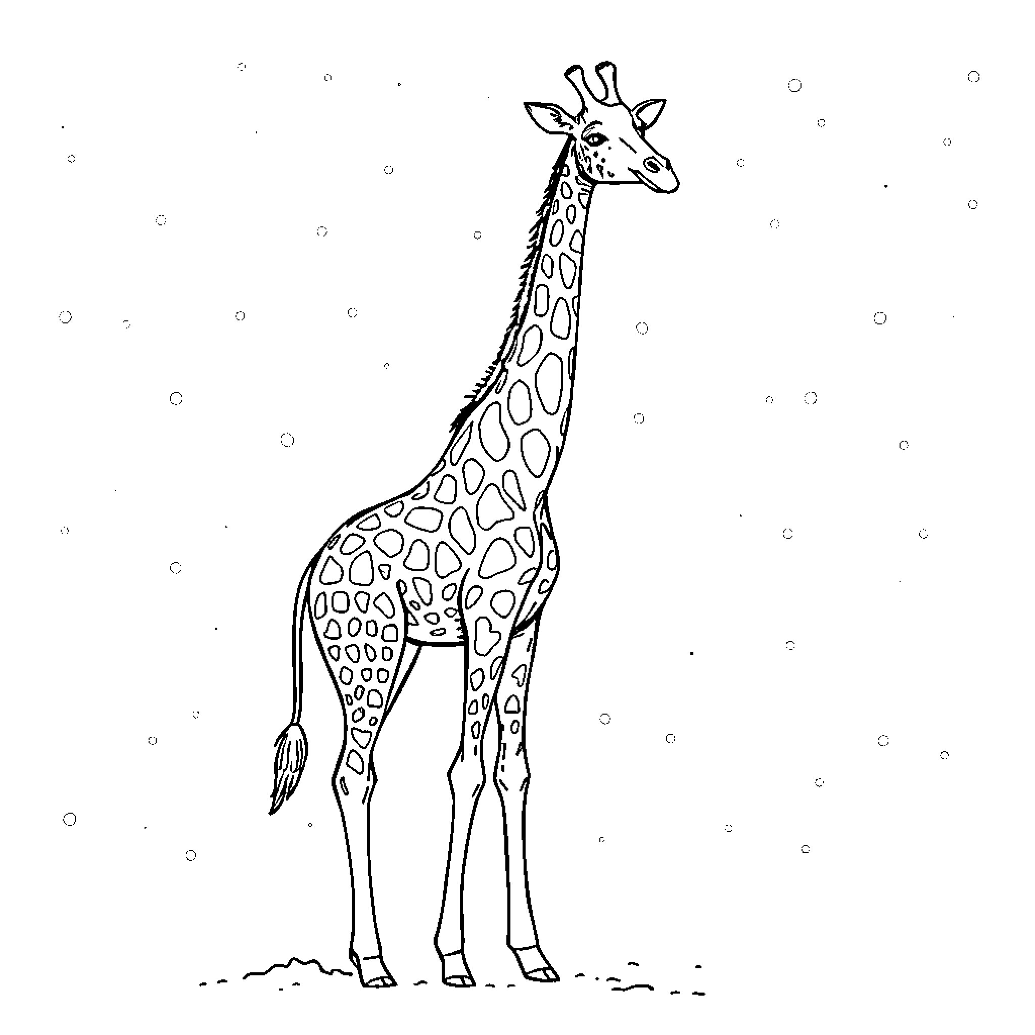 Giraffe standing tall in the wilderness Coloring Page (free black-and-white line drawing printable PDF for all, from beginners to advanced learners, including children, teens, adults, and seniors)