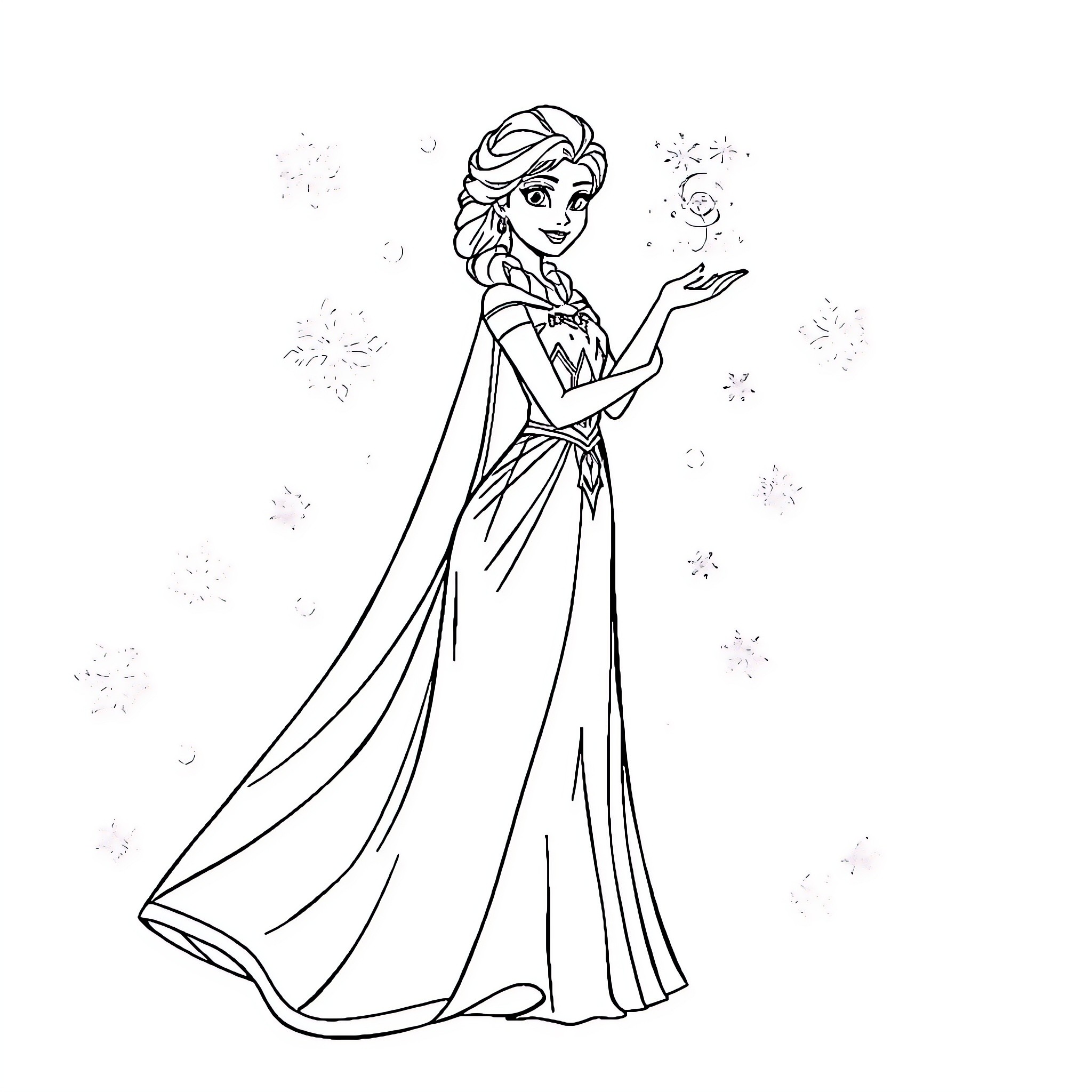 Elsa's Winter Wonder Coloring Page (free black-and-white line drawing printable PDF for all, from beginners to advanced learners, including children, teens, adults, and seniors)