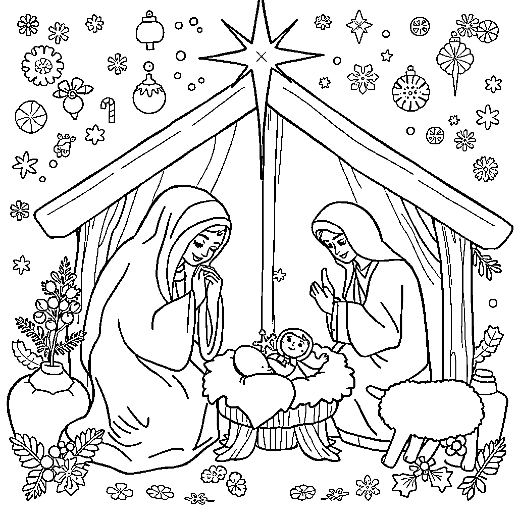 Nativity scene with holy family and adorned surroundings Coloring Page (free black-and-white line drawing printable PDF for all, from beginners to advanced learners, including children, teens, adults, and seniors)