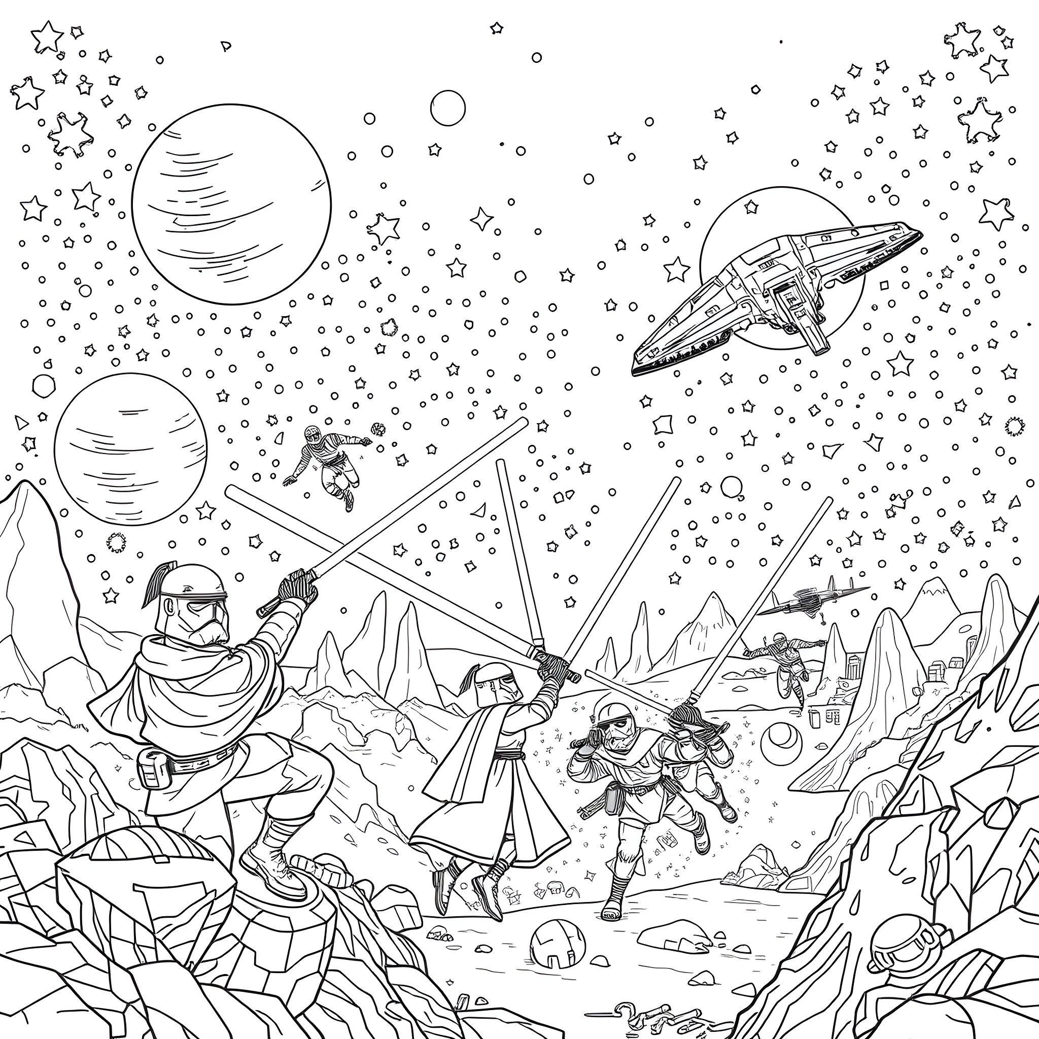 Star War Characters in Futuristic Sci-Fi Landscape Coloring Page (free black-and-white line drawing printable PDF for all, from beginners to advanced learners, including children, teens, adults, and seniors)
