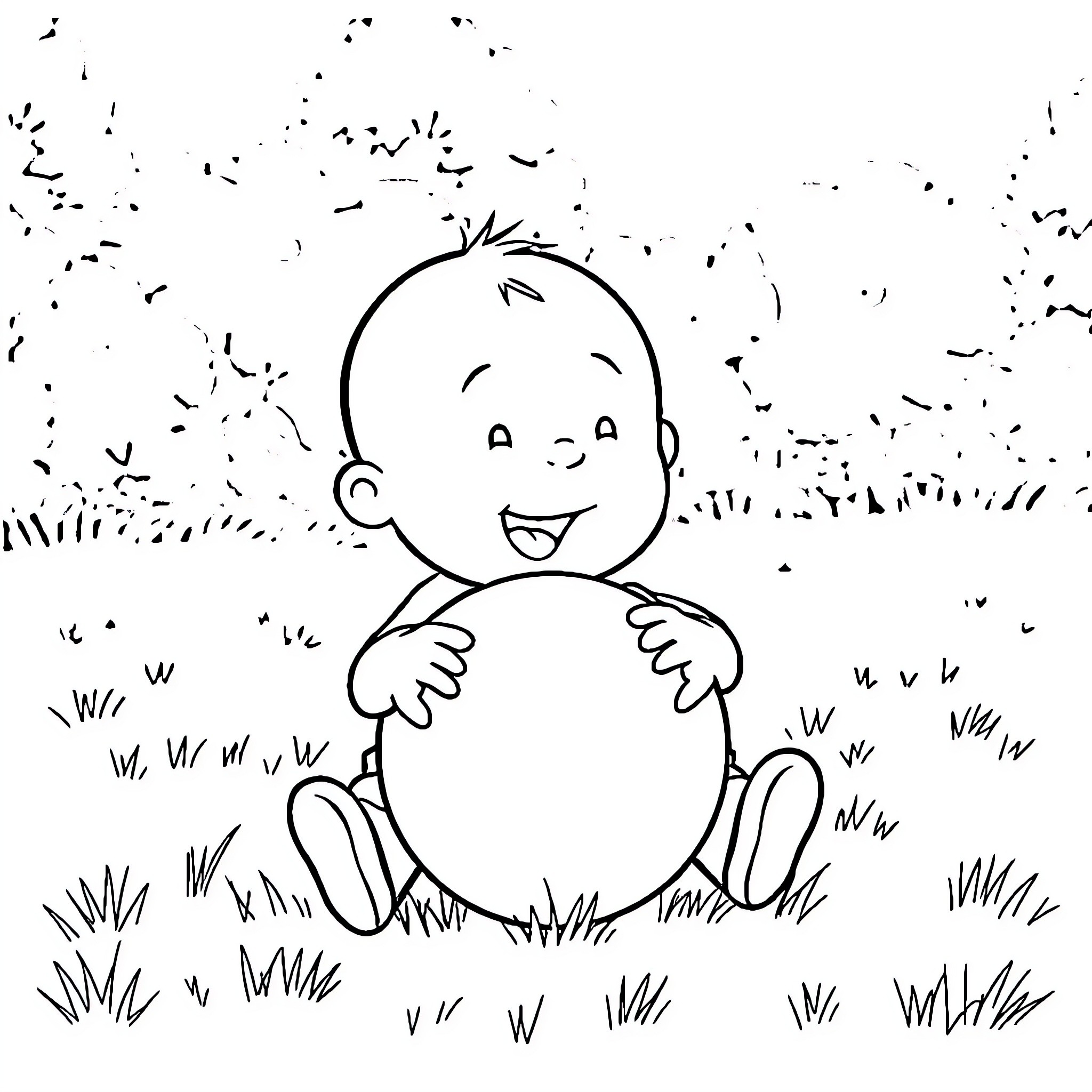 Caillou playing happily in the grassy field Coloring Page (free black-and-white line drawing printable PDF for all, from beginners to advanced learners, including children, teens, adults, and seniors)