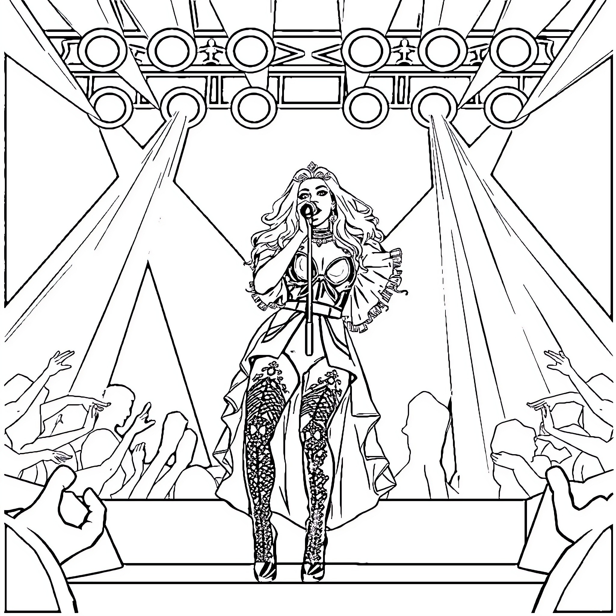 Lady Gaga Performing on Stage with Dramatic Lighting Coloring Page (free black-and-white line drawing printable PDF for all, from beginners to advanced learners, including children, teens, adults, and seniors)
