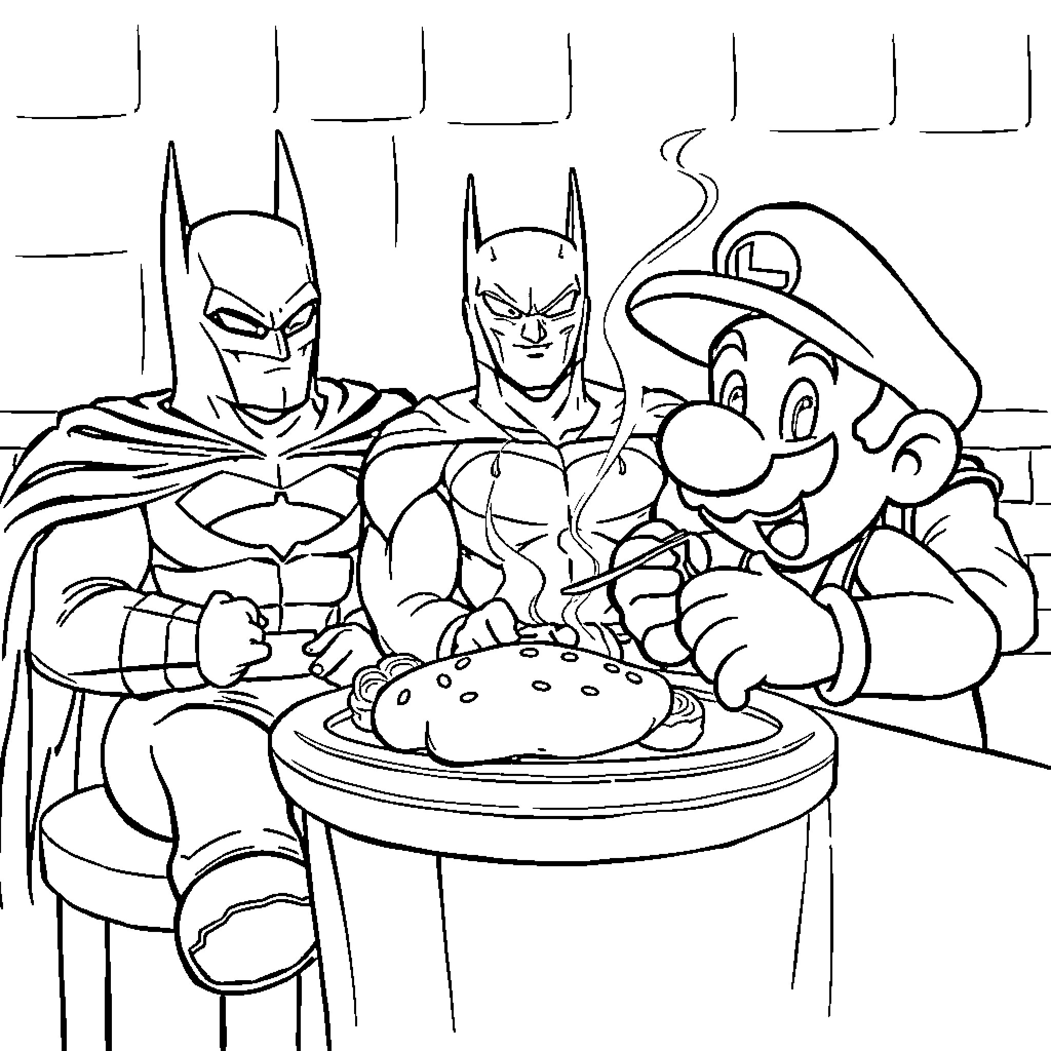 Mario and Batman share a meal together Coloring Page (free black-and-white line drawing printable PDF for all, from beginners to advanced learners, including children, teens, adults, and seniors)