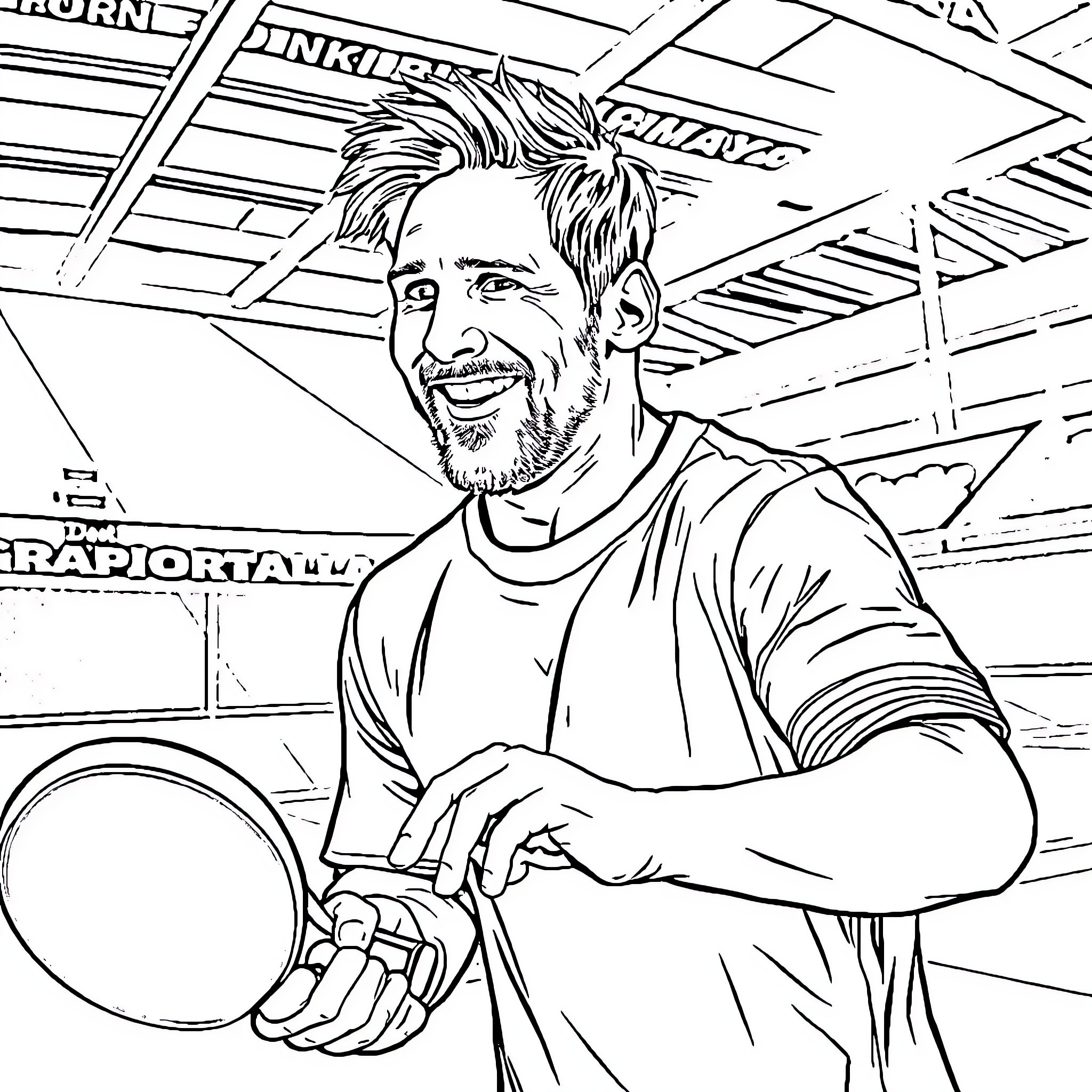 Lionel Messi at a sports facility Coloring Page (free black-and-white line drawing printable PDF for all, from beginners to advanced learners, including children, teens, adults, and seniors)